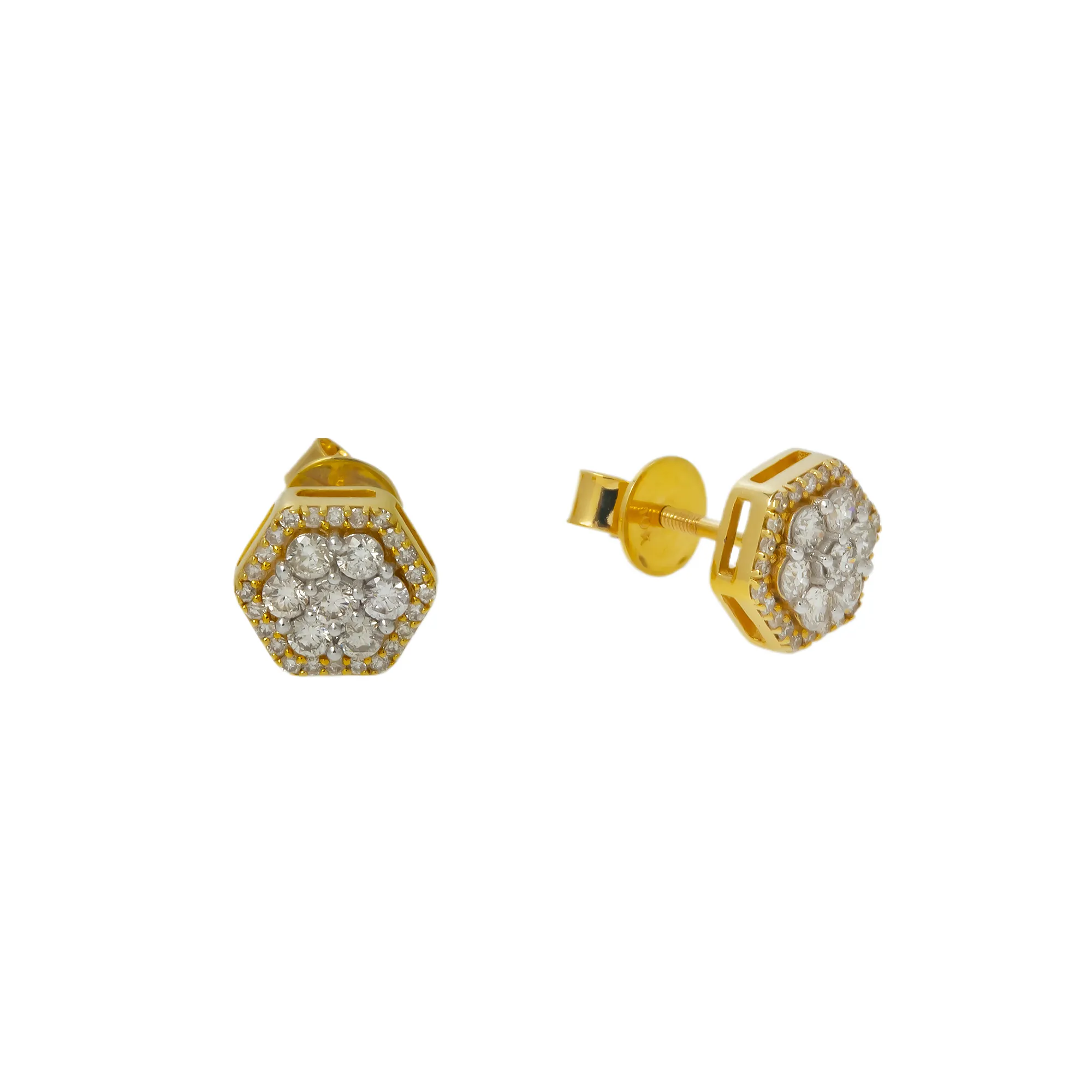 10K GOLD ROUND DIAMOND CLUSTER HEXAGON EARRINGS 0.62 CTW