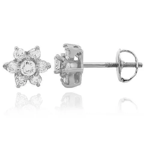 14K Solid White Gold Diamond Cluster Stud Earrings 1.00 Ctw