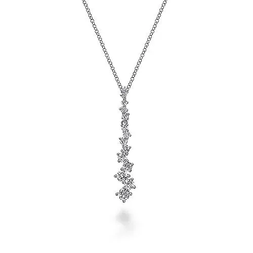 14K White Gold Linear Diamond Cluster Pendant Necklace