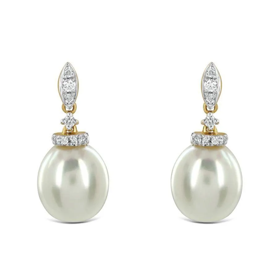 18ct Yellow Gold Freshwater Pearl & Diamond Drop Earrings