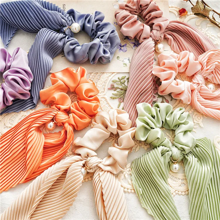 9pcs Women's Hair Band Satin Ponytail Ribbon Pearl Pendant