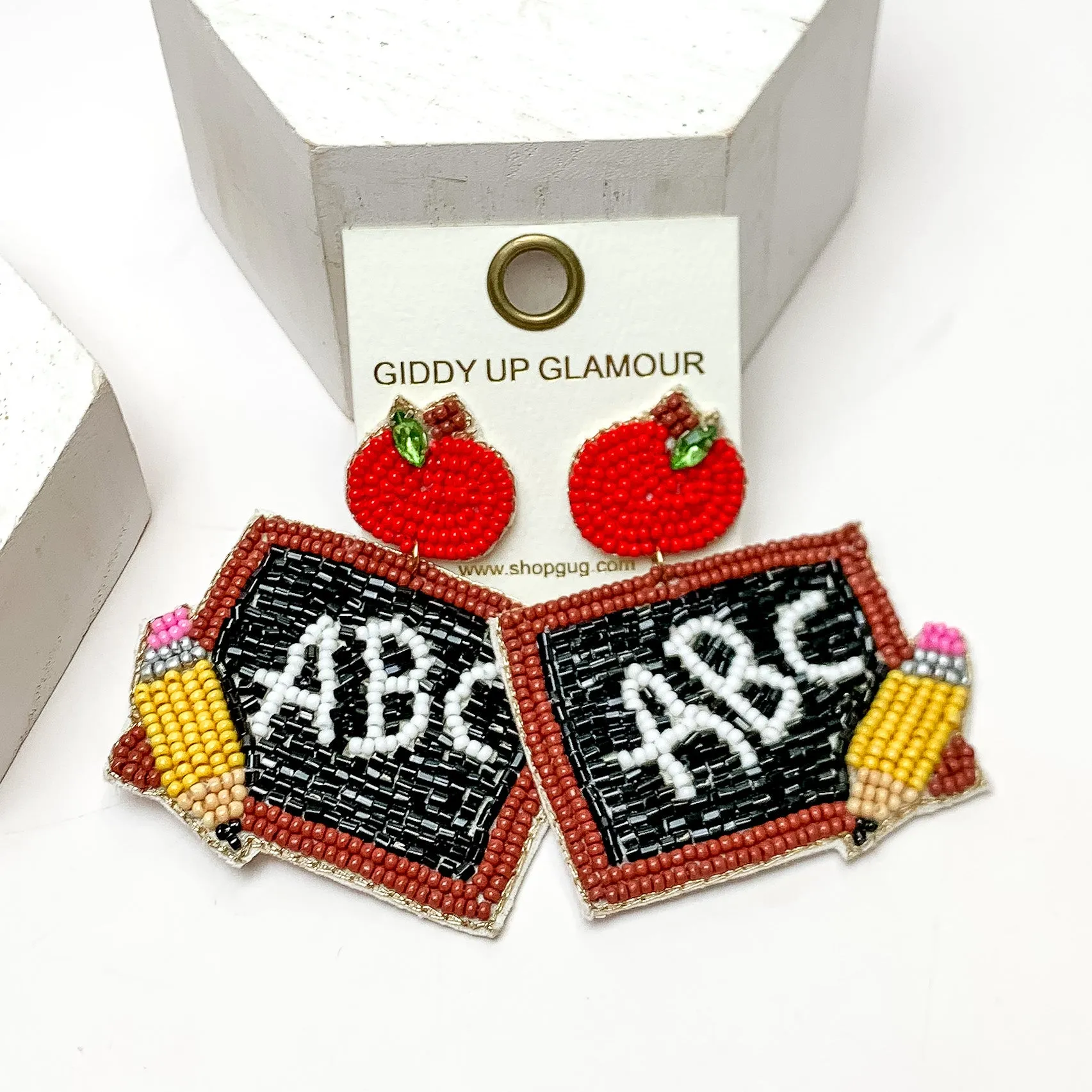 ABC Chalkboard Beaded Earrings With Red Apple Posts