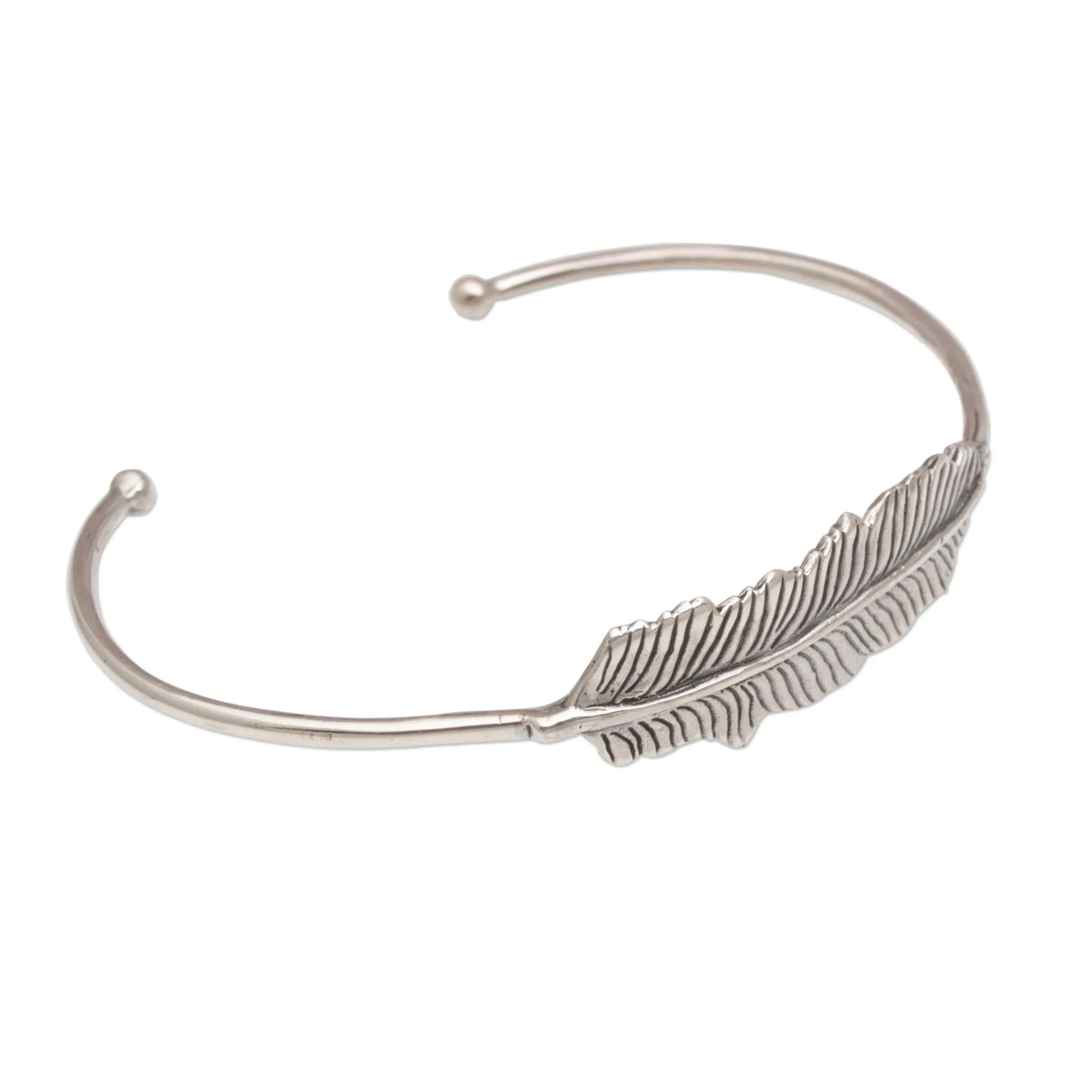 Alluring Feather 925 Sterling Silver Feather Cuff Bracelet from Bali