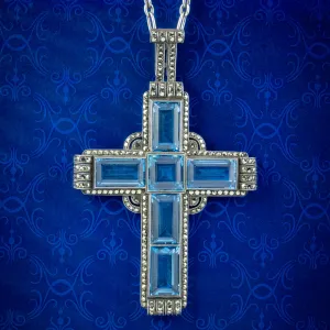 Antique Art Deco Blue Spinel Marcasite Cross Pendant Necklace By Theodor Fahrner