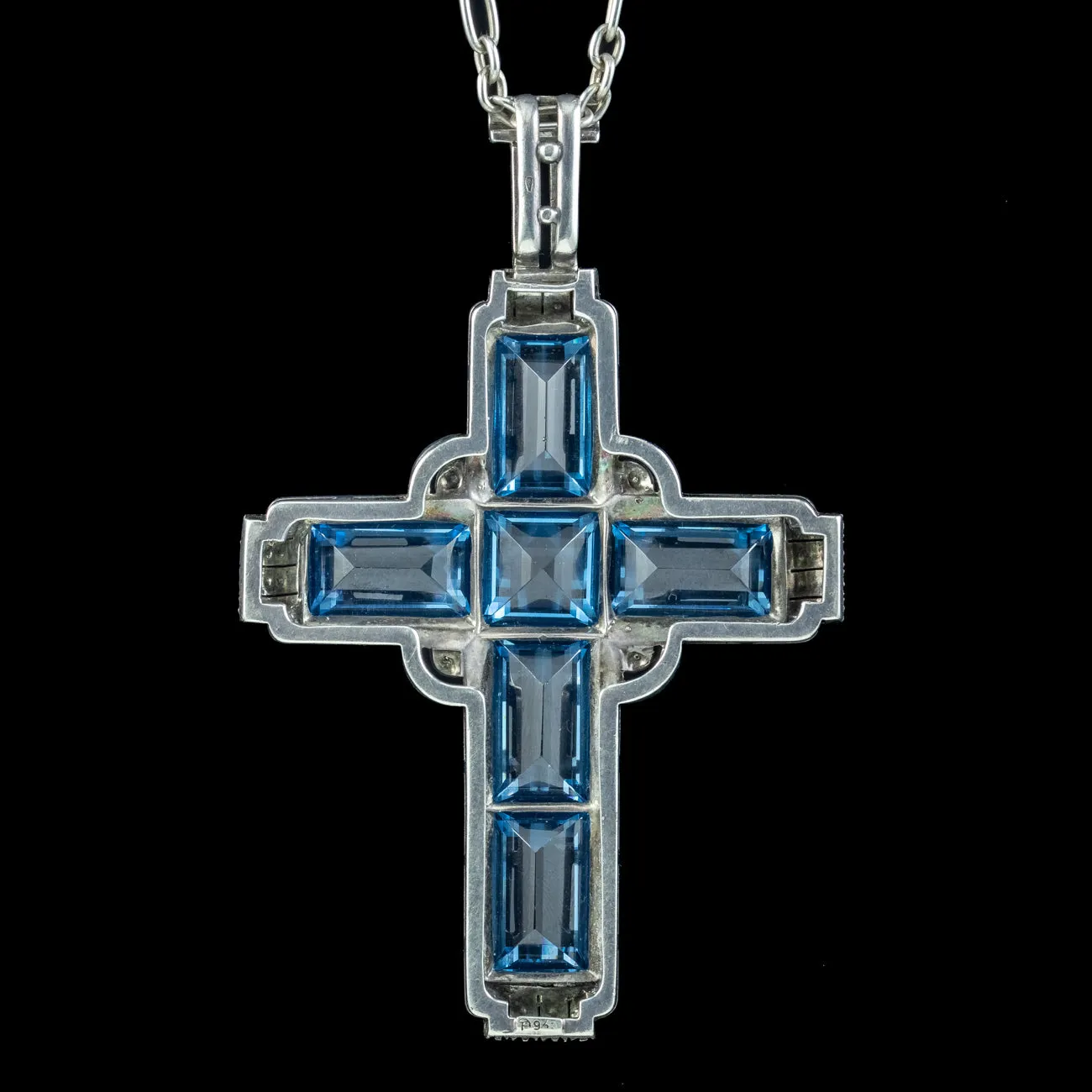 Antique Art Deco Blue Spinel Marcasite Cross Pendant Necklace By Theodor Fahrner