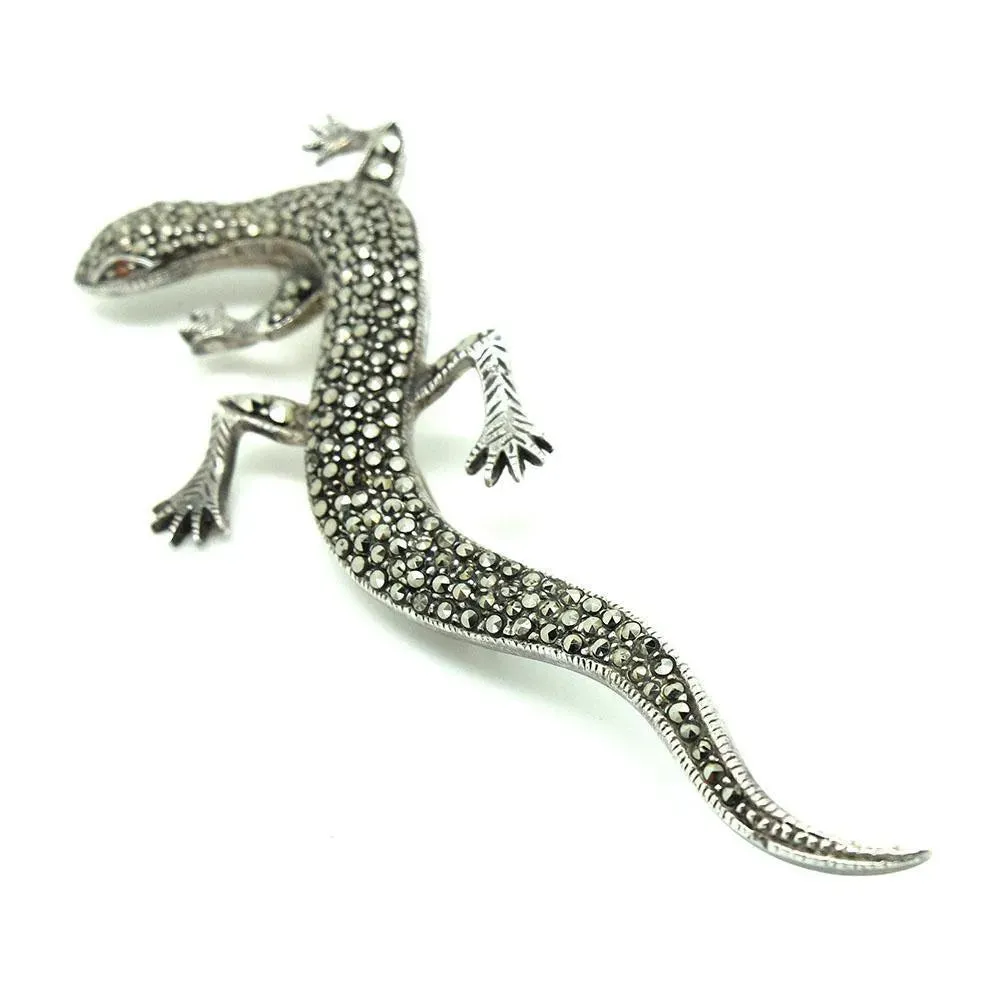 Art Deco 1920s Marcasite Lizard Silver Brooch