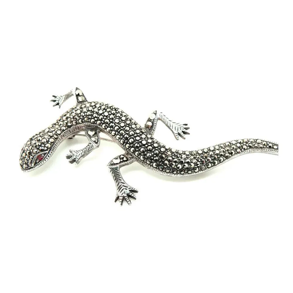 Art Deco 1920s Marcasite Lizard Silver Brooch