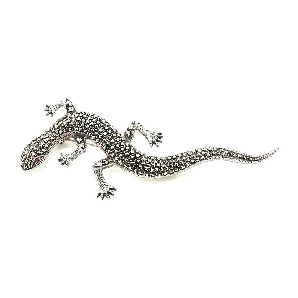 Art Deco 1920s Marcasite Lizard Silver Brooch