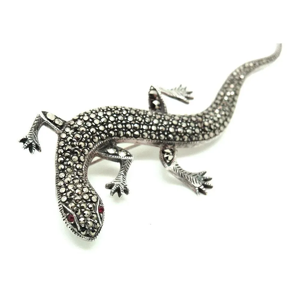 Art Deco 1920s Marcasite Lizard Silver Brooch