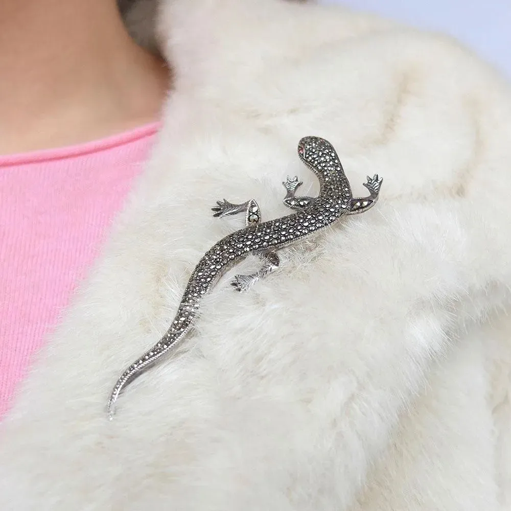 Art Deco 1920s Marcasite Lizard Silver Brooch