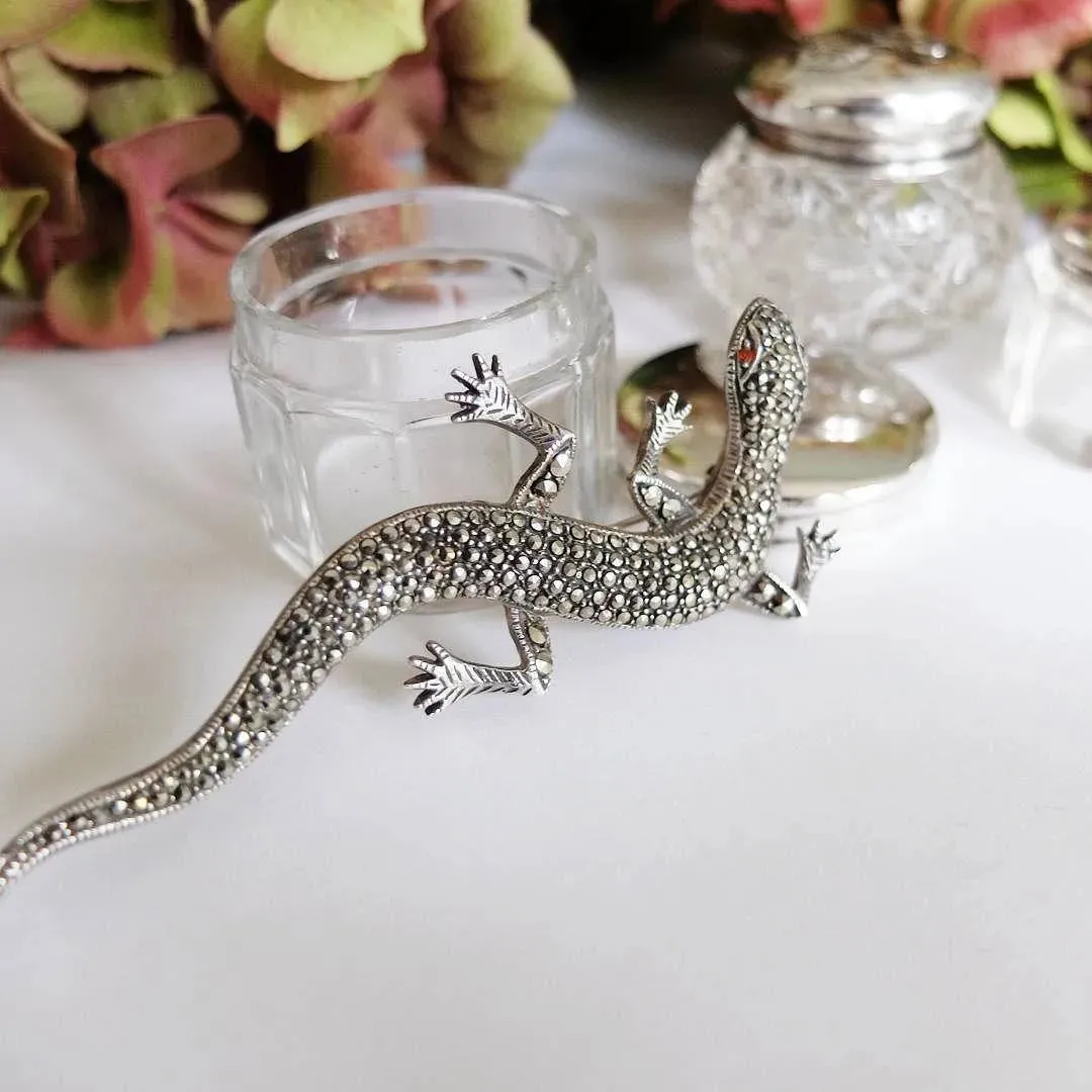 Art Deco 1920s Marcasite Lizard Silver Brooch