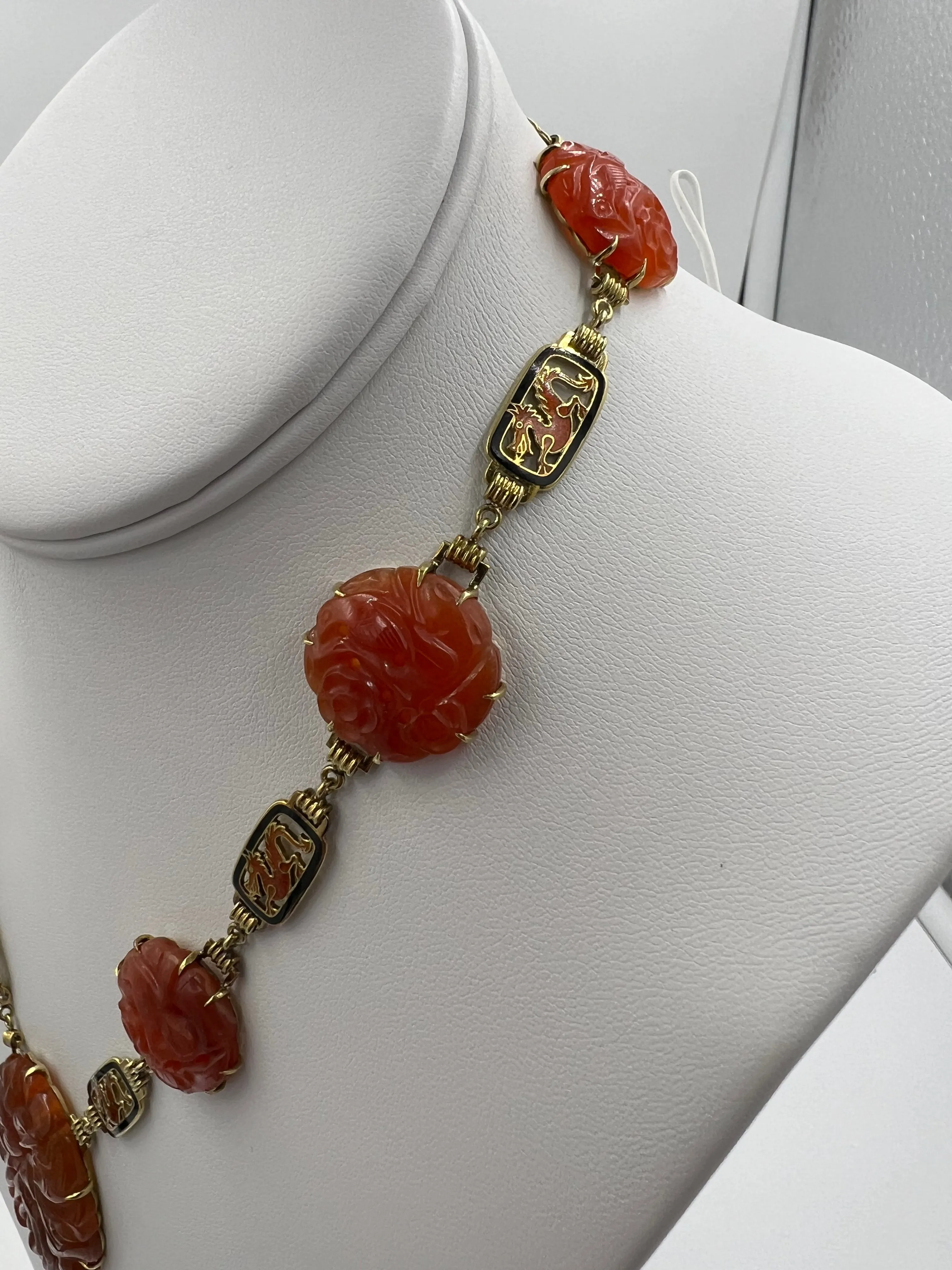 Art Deco Carved Carnelian And Enamel Dragon Yellow Gold Necklace Circa 1925