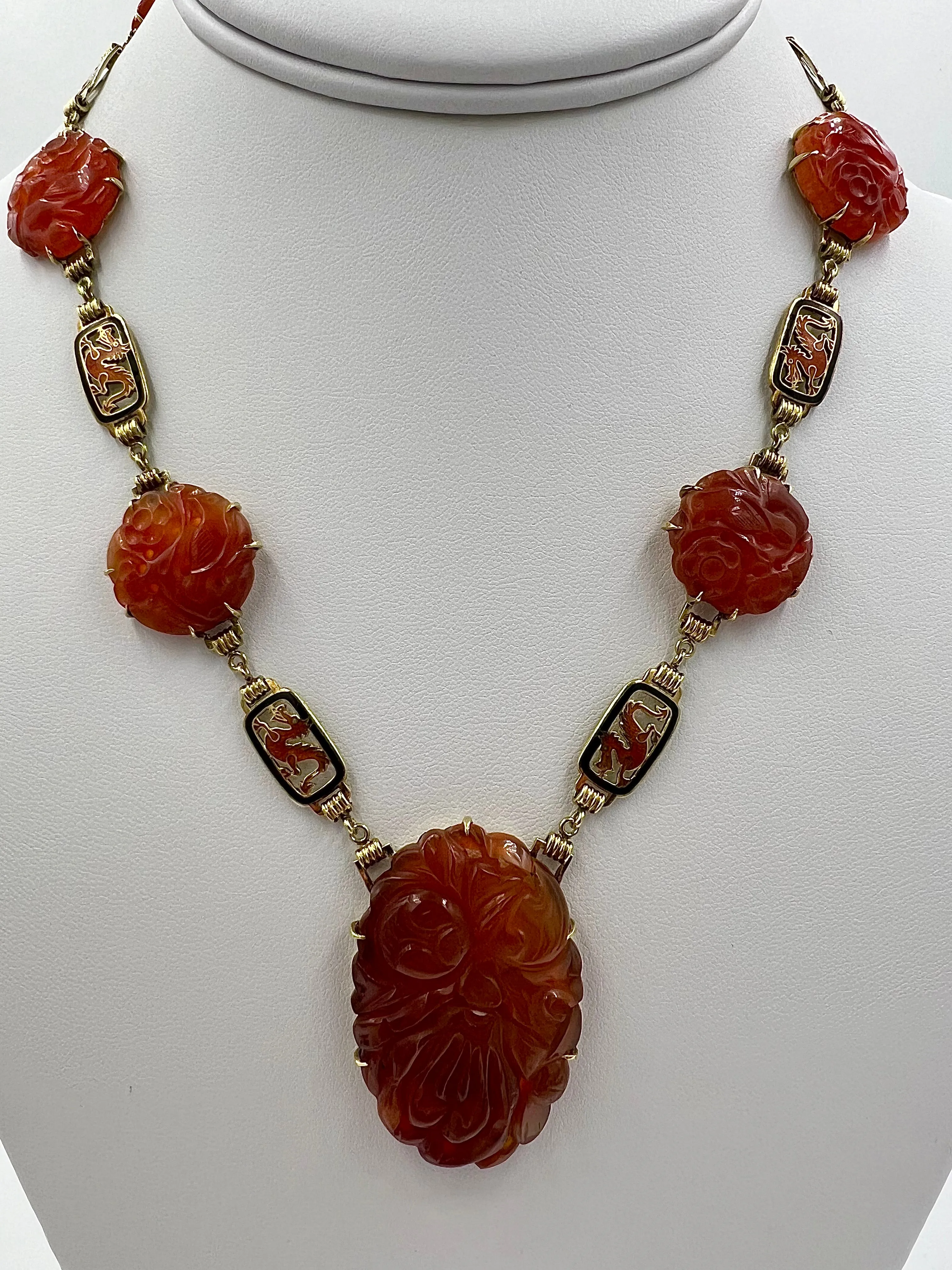 Art Deco Carved Carnelian And Enamel Dragon Yellow Gold Necklace Circa 1925