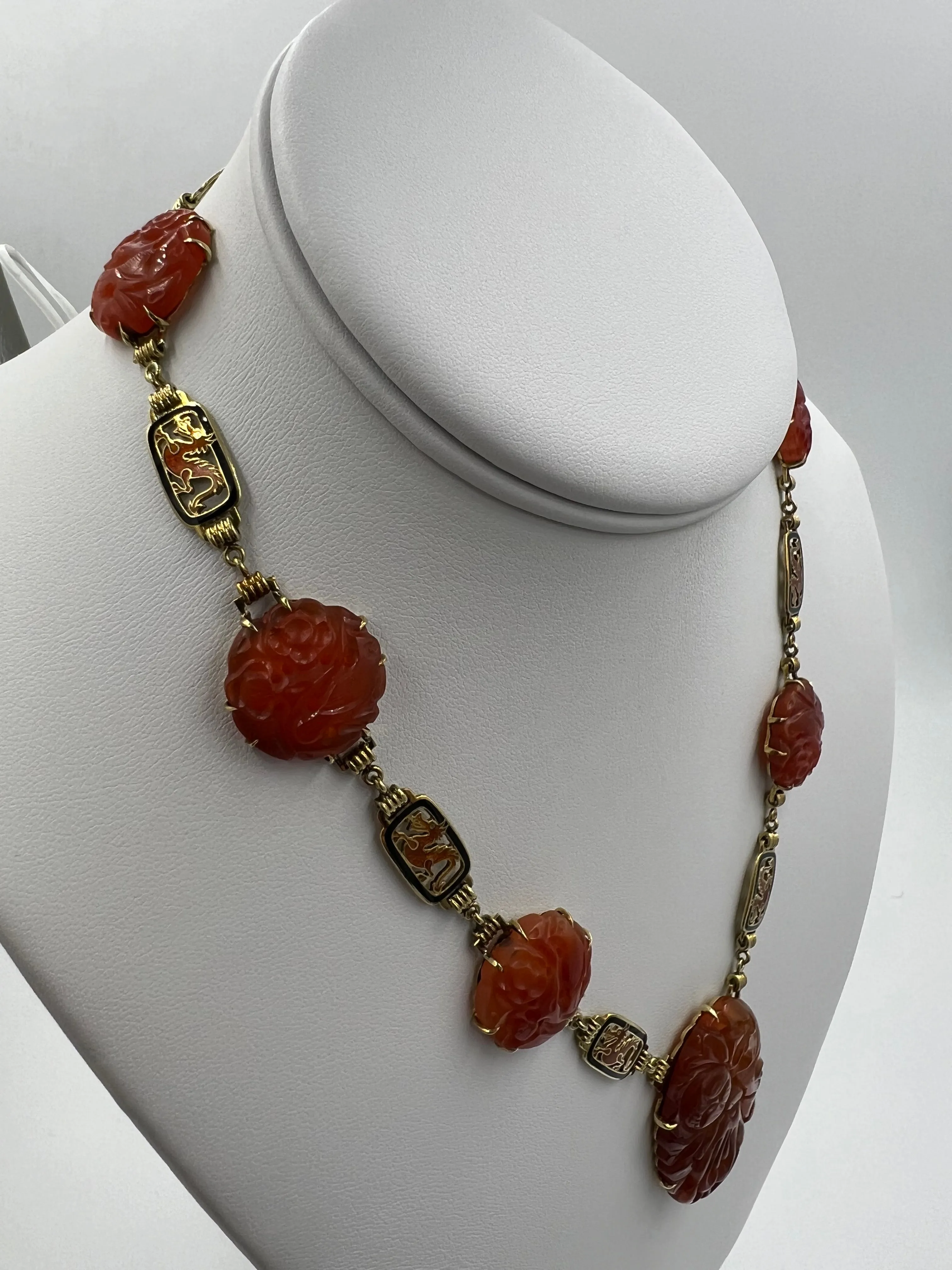 Art Deco Carved Carnelian And Enamel Dragon Yellow Gold Necklace Circa 1925