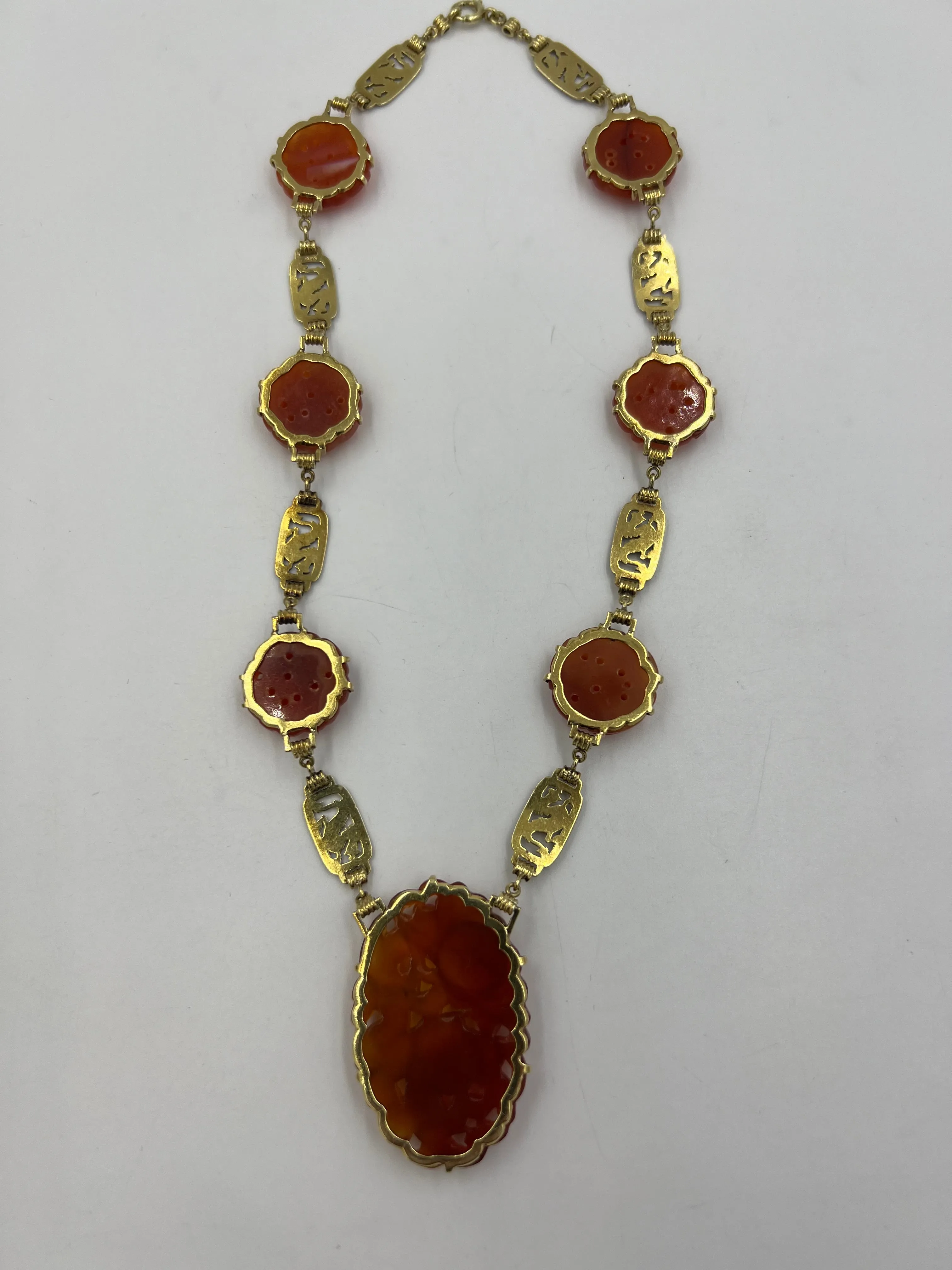 Art Deco Carved Carnelian And Enamel Dragon Yellow Gold Necklace Circa 1925