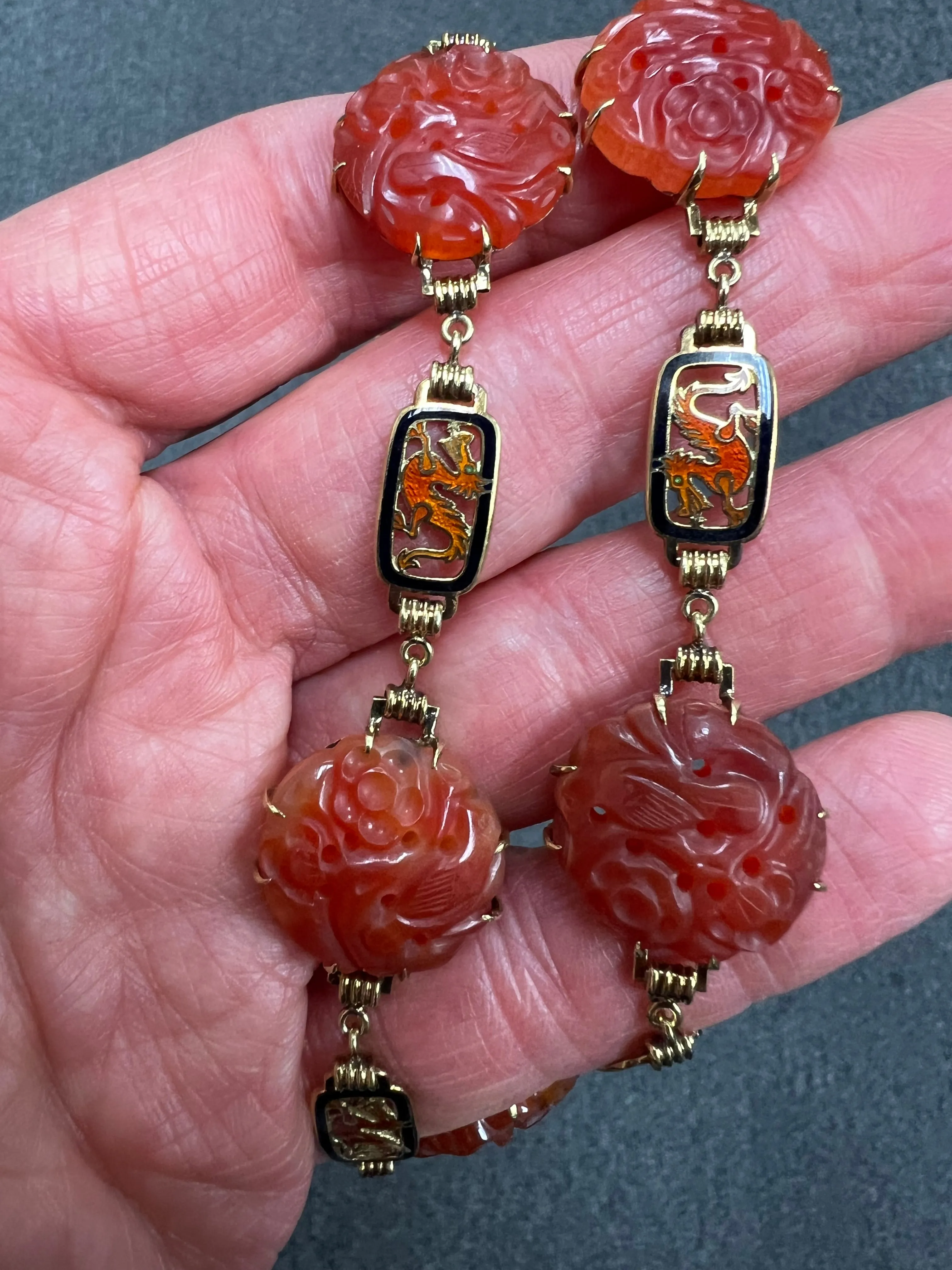 Art Deco Carved Carnelian And Enamel Dragon Yellow Gold Necklace Circa 1925