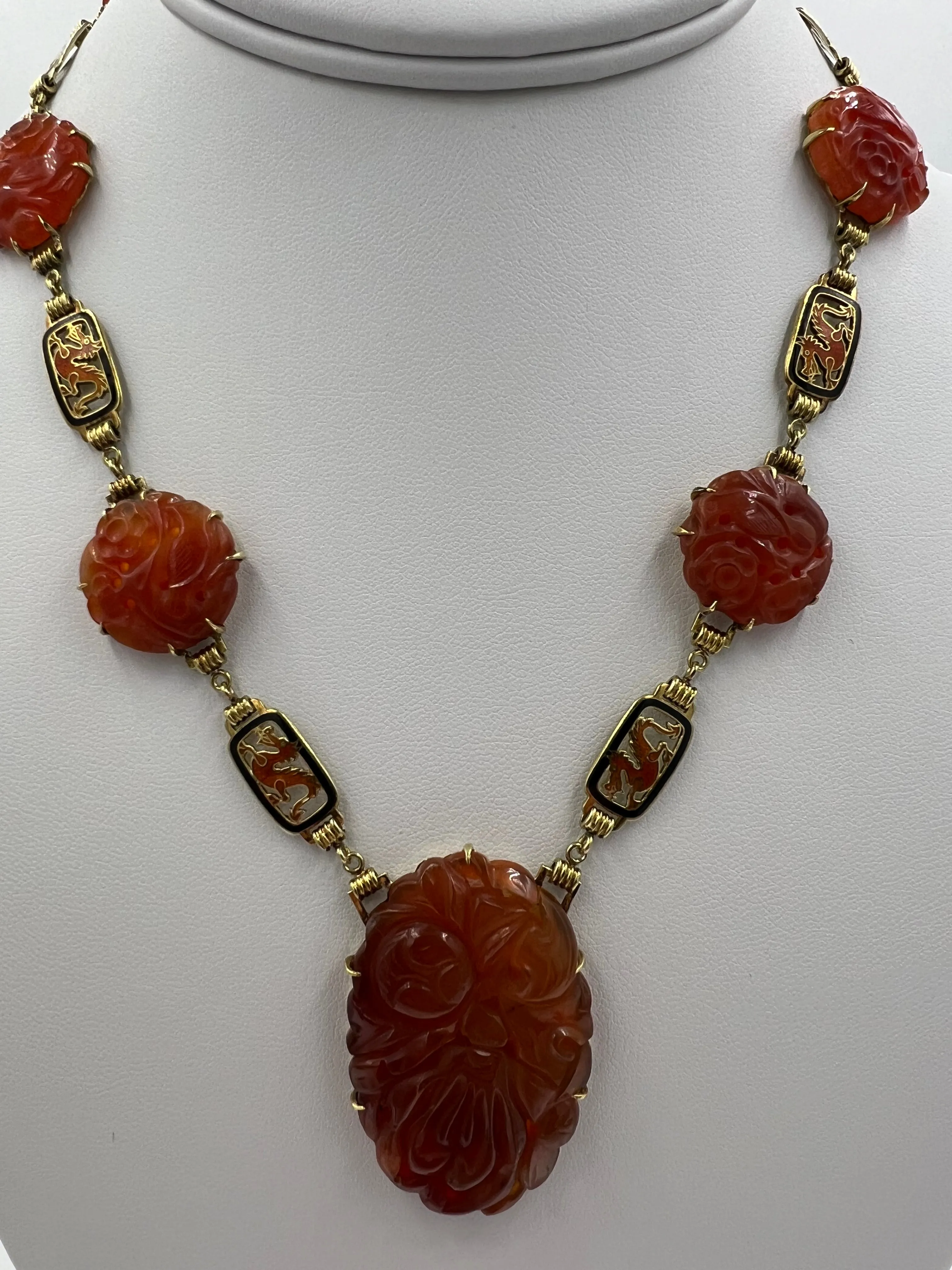 Art Deco Carved Carnelian And Enamel Dragon Yellow Gold Necklace Circa 1925