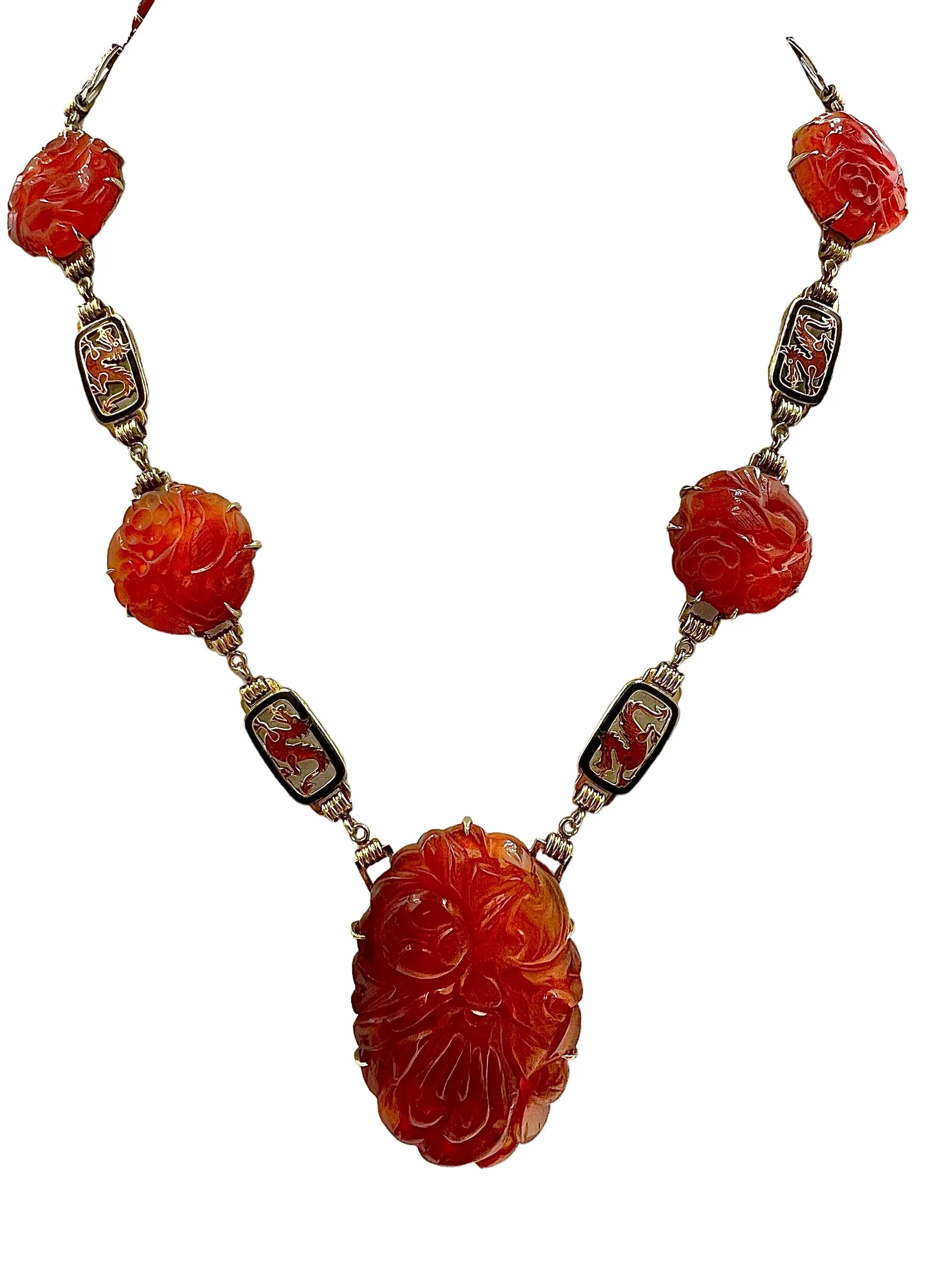 Art Deco Carved Carnelian And Enamel Dragon Yellow Gold Necklace Circa 1925