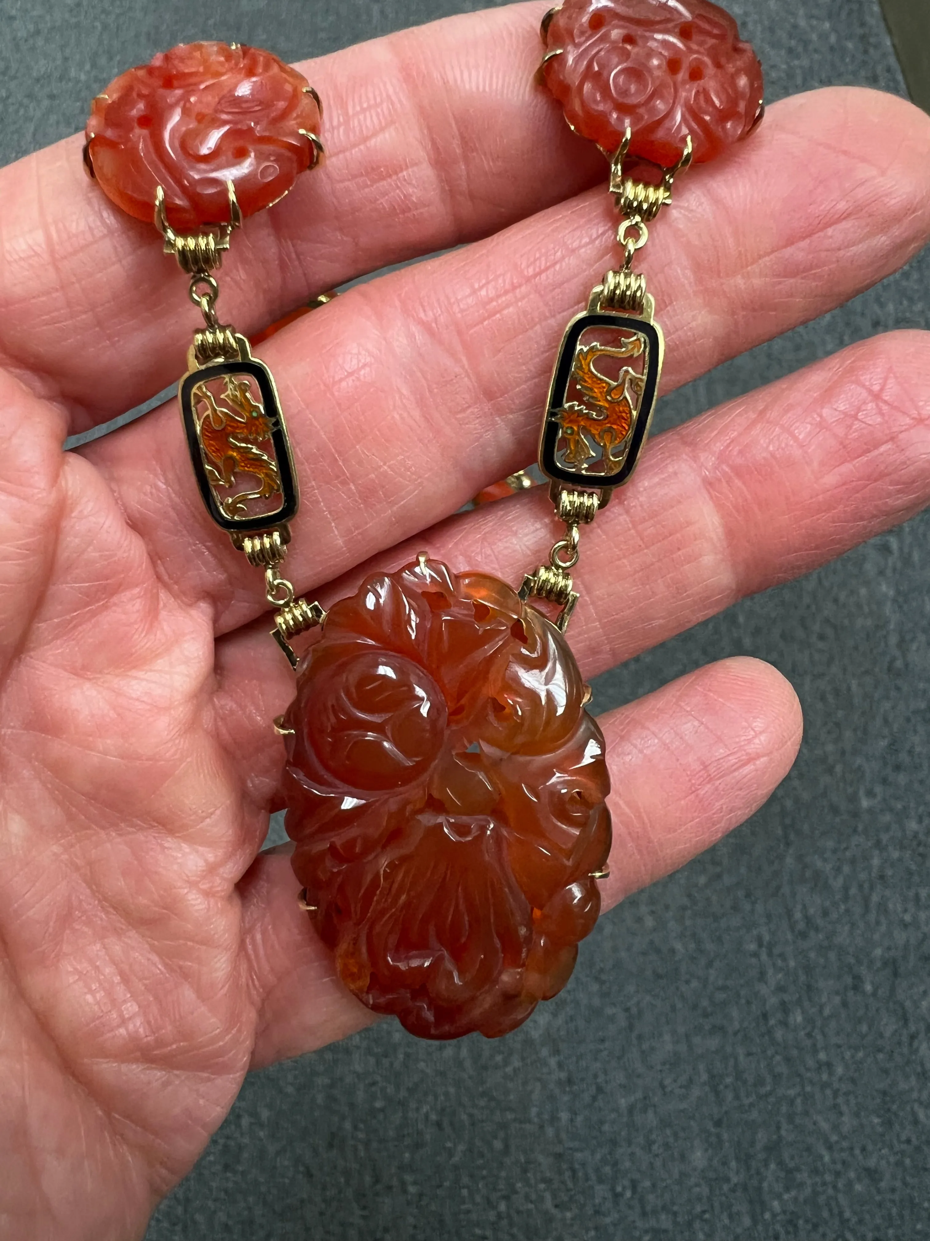 Art Deco Carved Carnelian And Enamel Dragon Yellow Gold Necklace Circa 1925