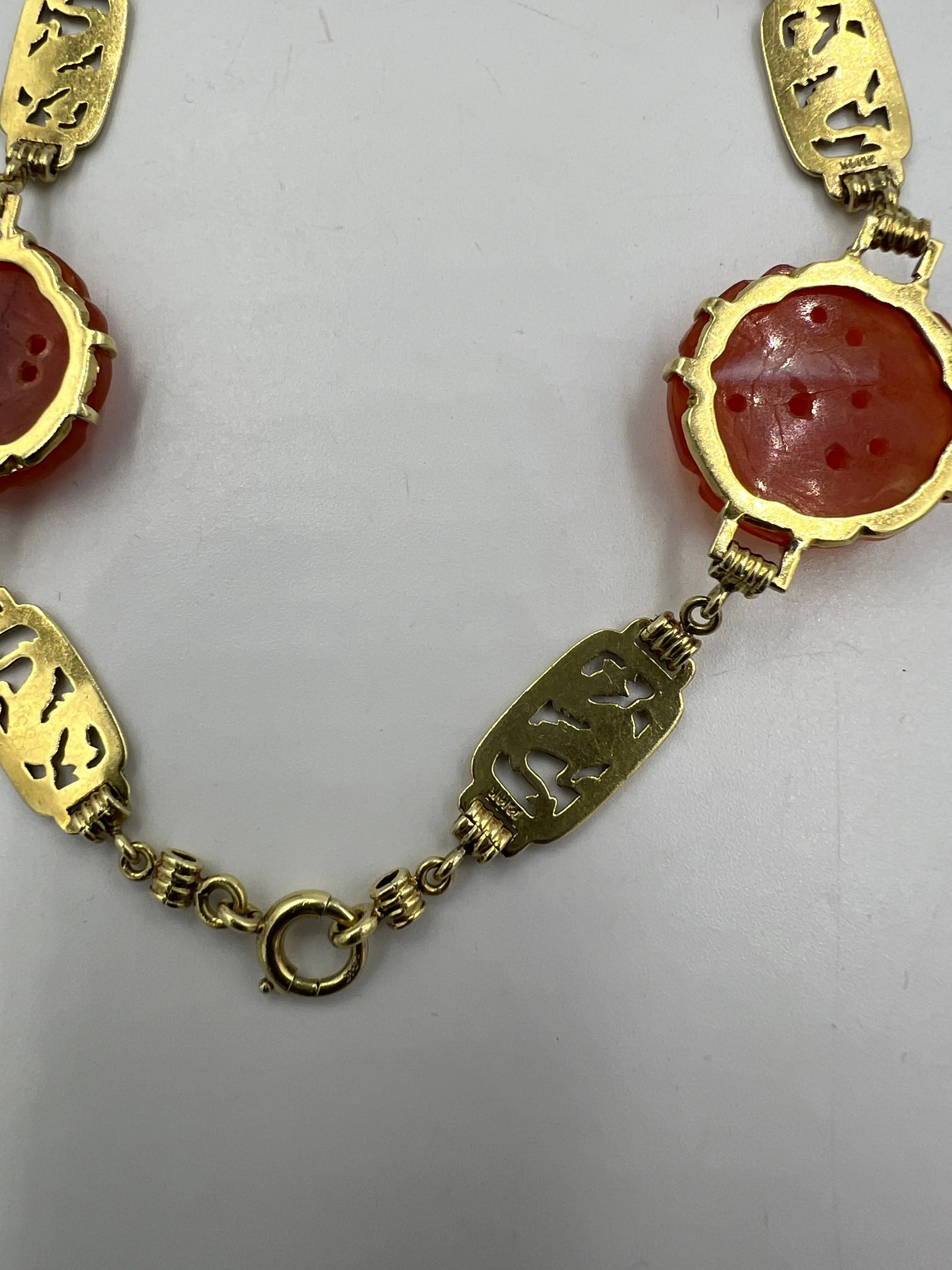 Art Deco Carved Carnelian And Enamel Dragon Yellow Gold Necklace Circa 1925