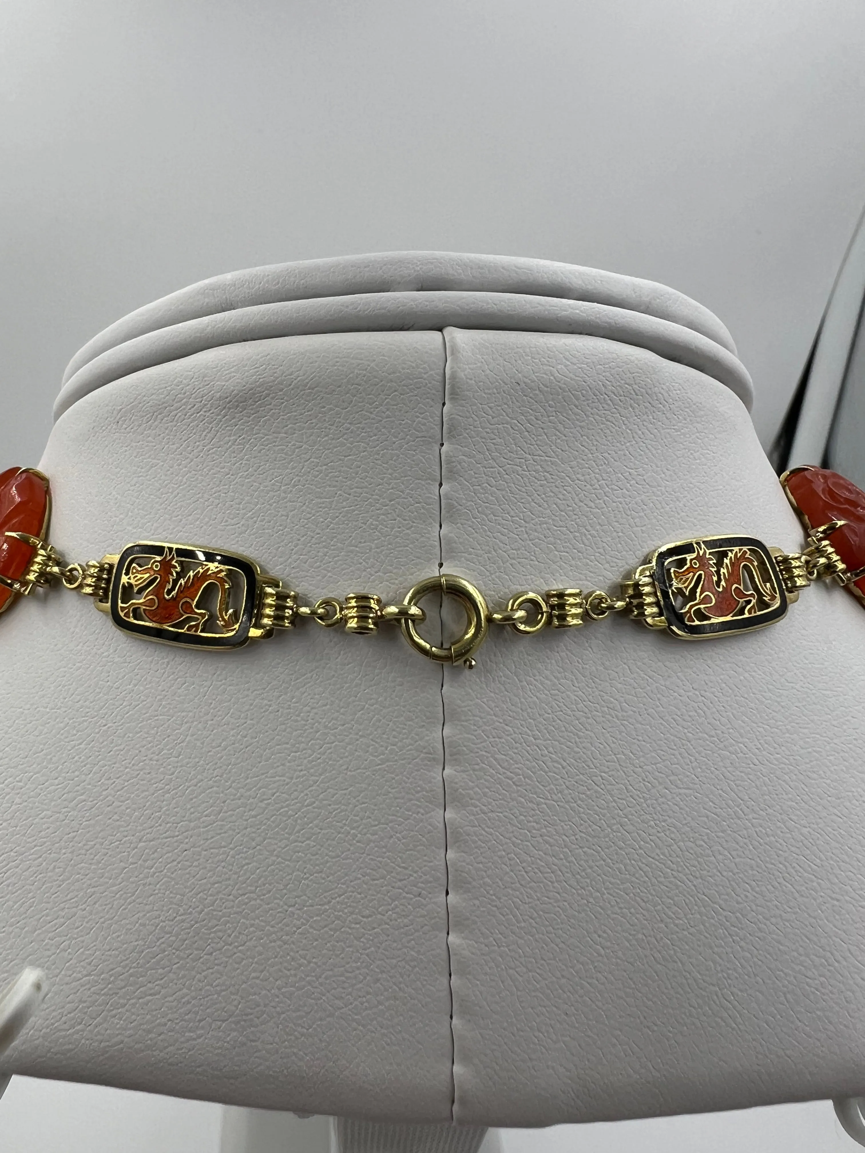 Art Deco Carved Carnelian And Enamel Dragon Yellow Gold Necklace Circa 1925