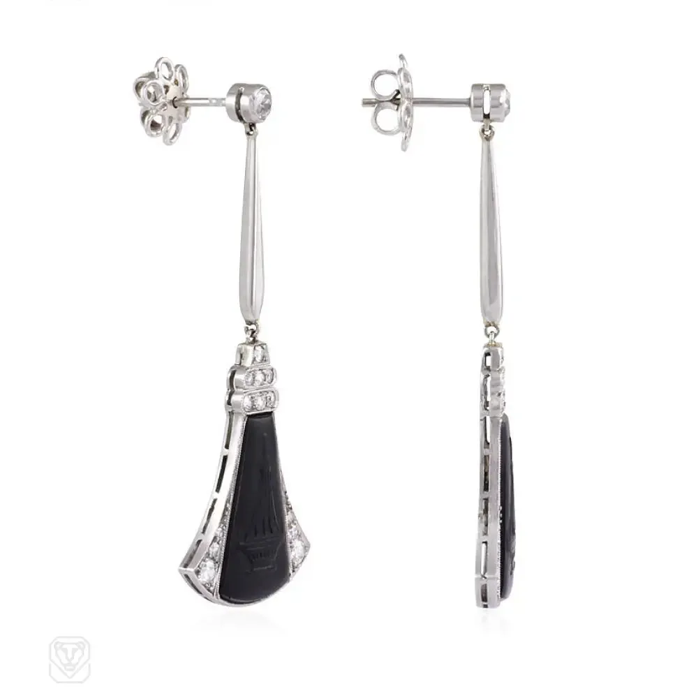 Art Deco carved onyx and diamond earrings