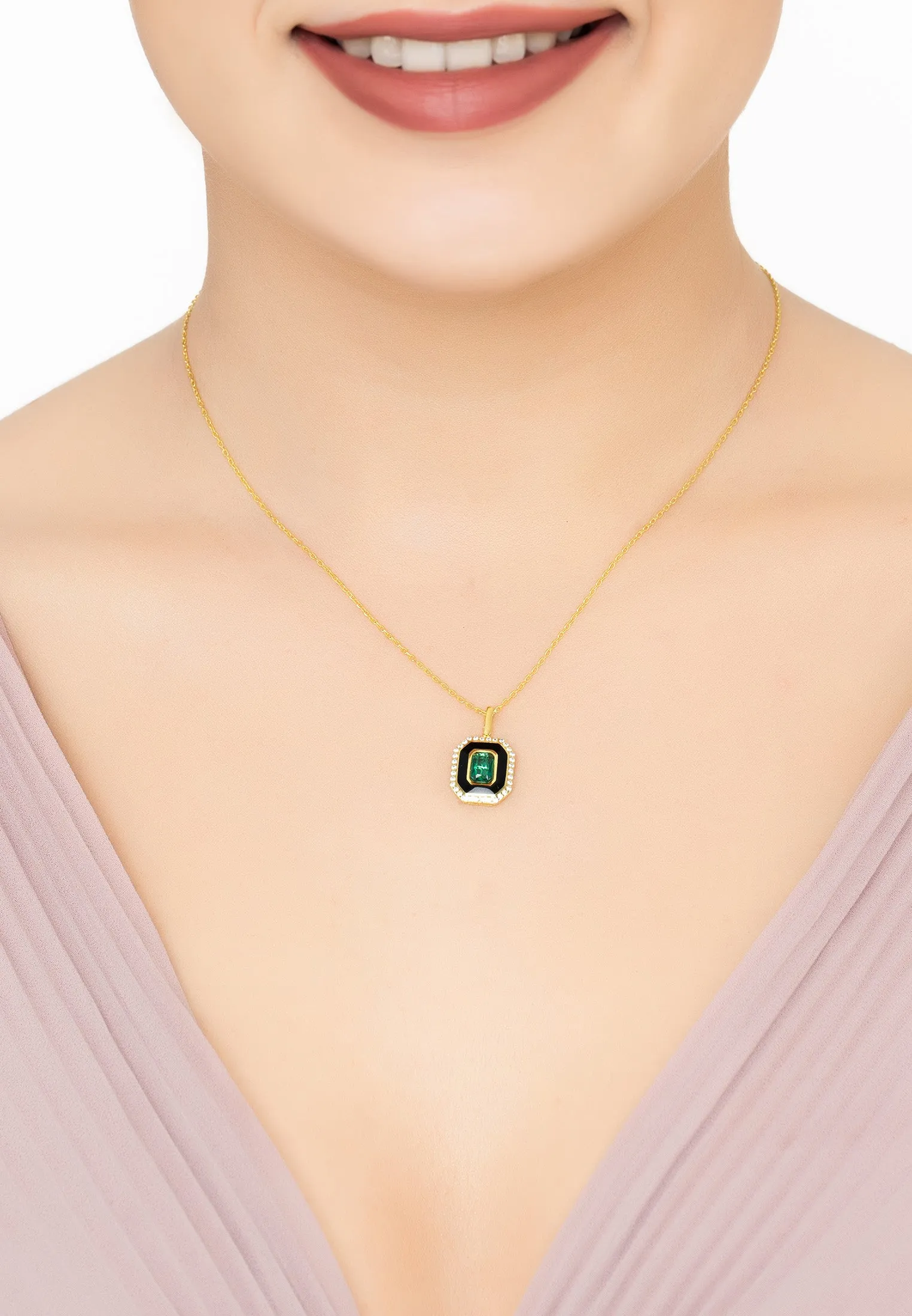 Art Deco Emerald And Enamel Pendant Necklace Gold