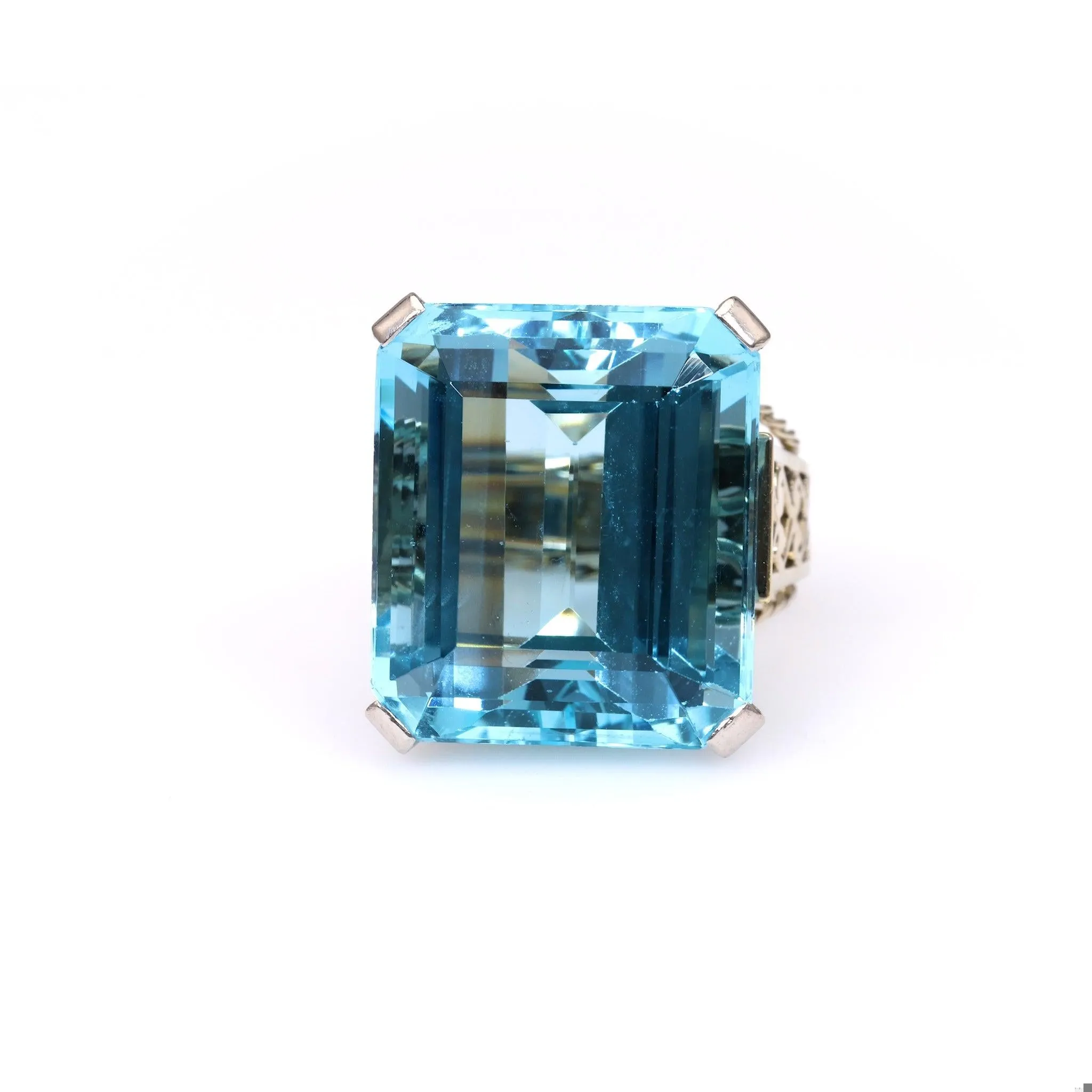 Art Deco French Aquamarine 18k White Gold Platinum Cocktail Ring