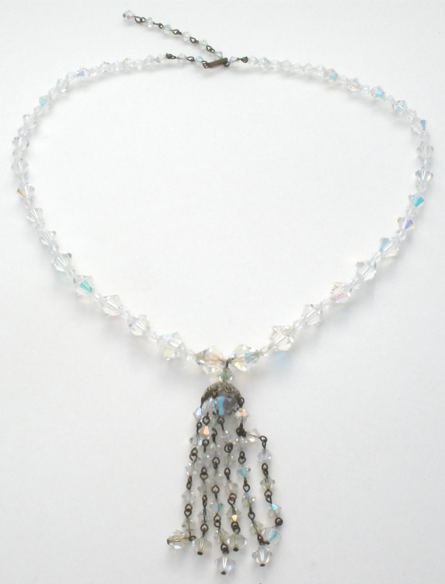 Aurora Borealis Crystal Bead Tassel Necklace Vintage