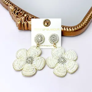 Beaded Flower Earrings in White with Crystal Stones