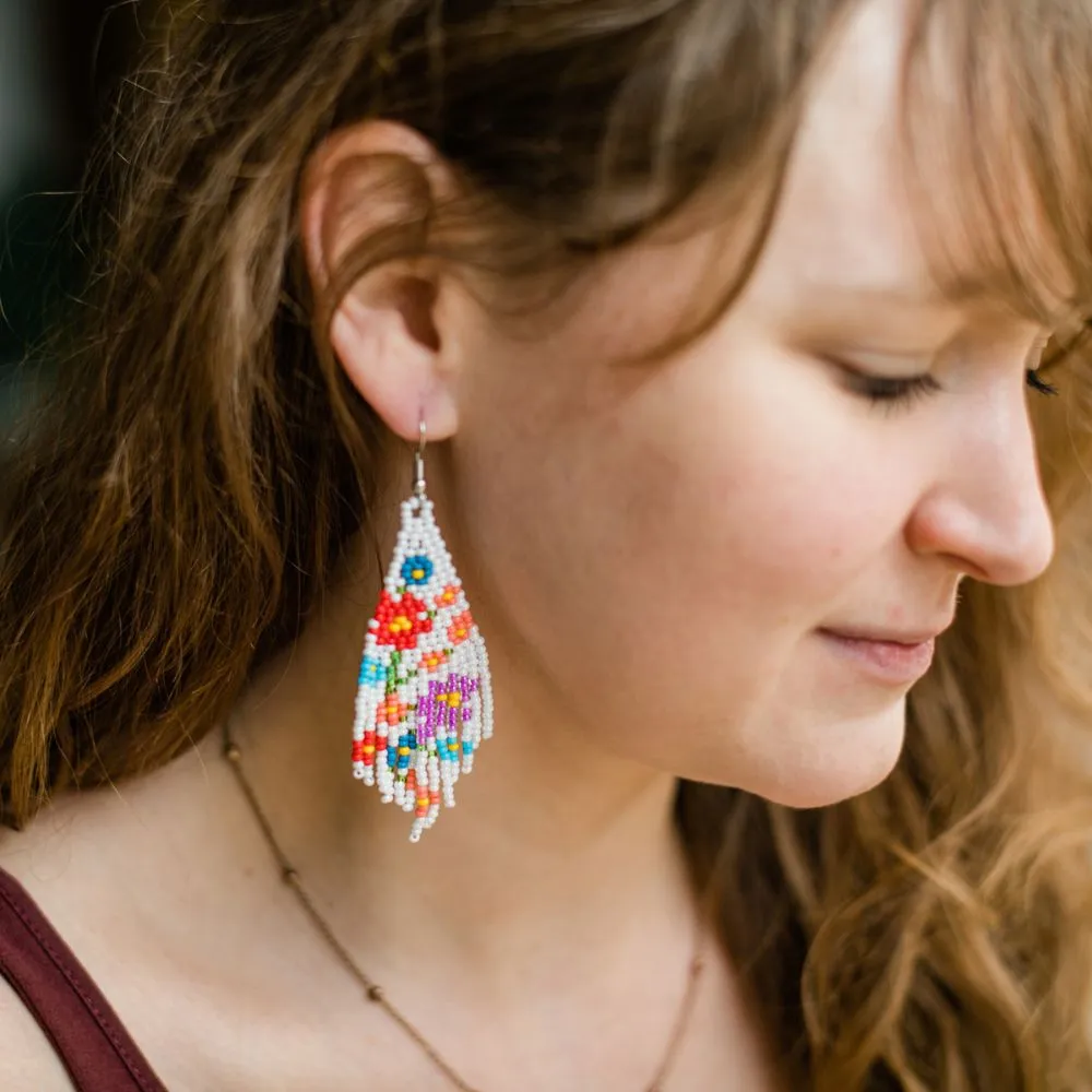 Beaded Flower Fringe Earrings - White