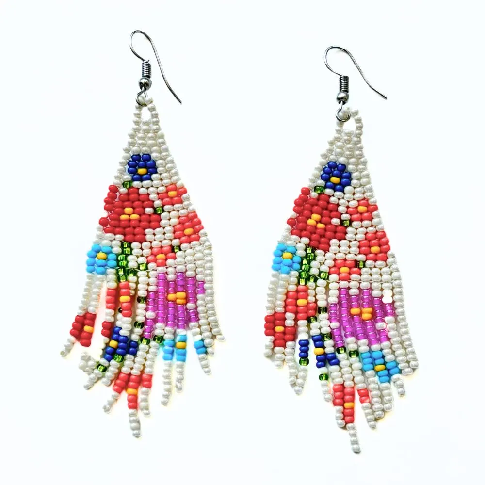 Beaded Flower Fringe Earrings - White