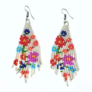 Beaded Flower Fringe Earrings - White