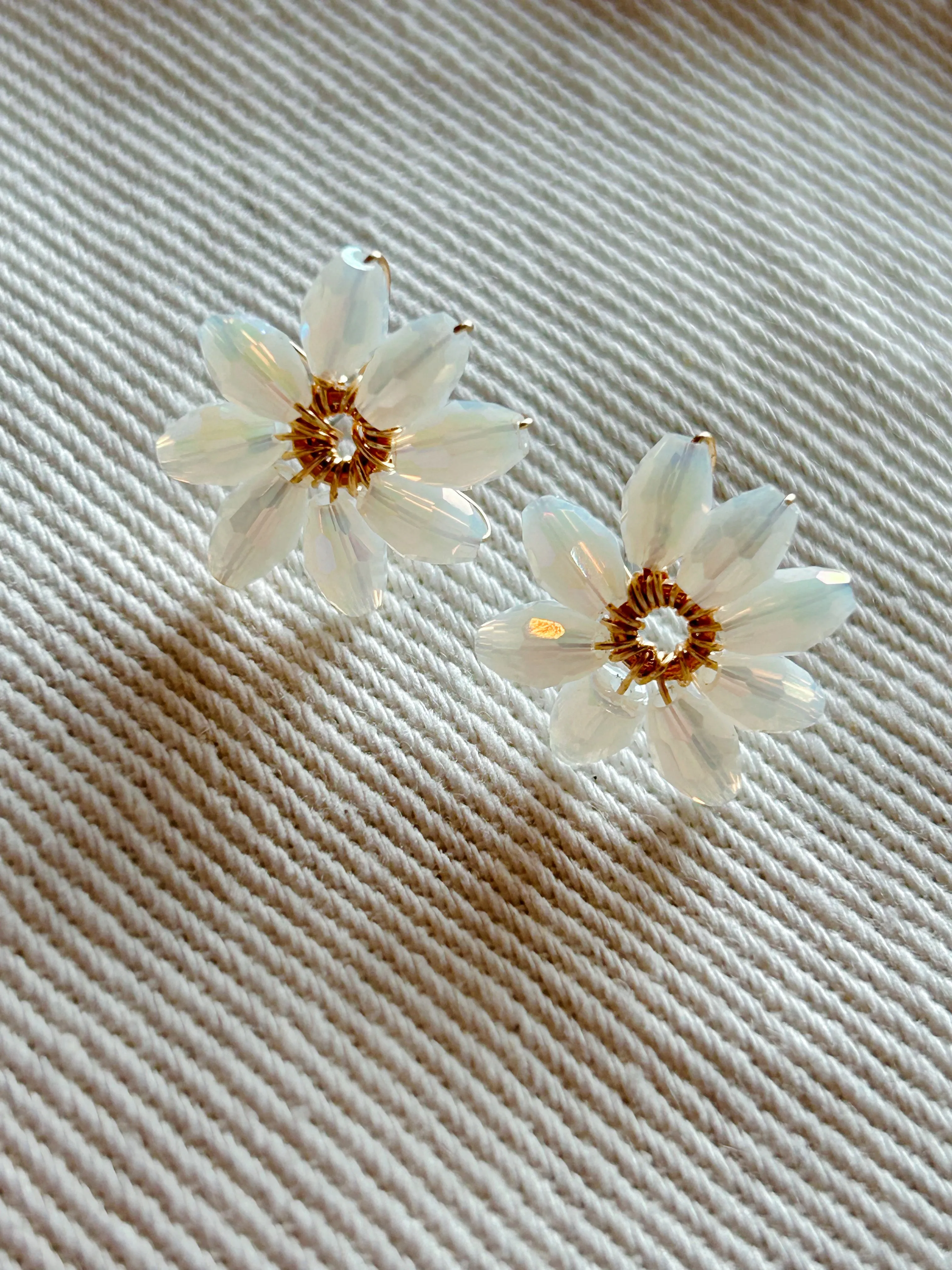 Beaded Flower Studs - White Gold