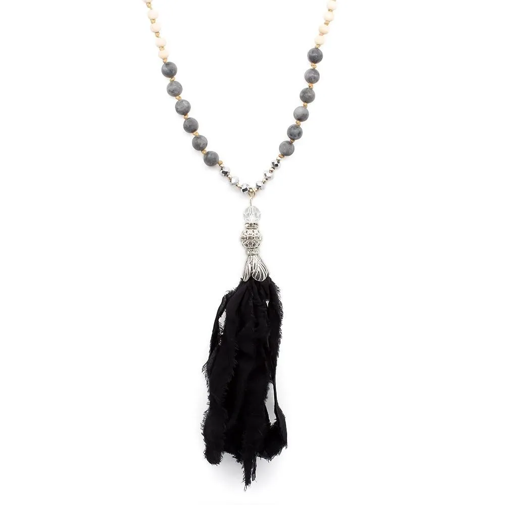 Beaded Necklace with Fabric Tassel Wood Black