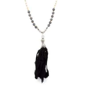 Beaded Necklace with Fabric Tassel Wood Black