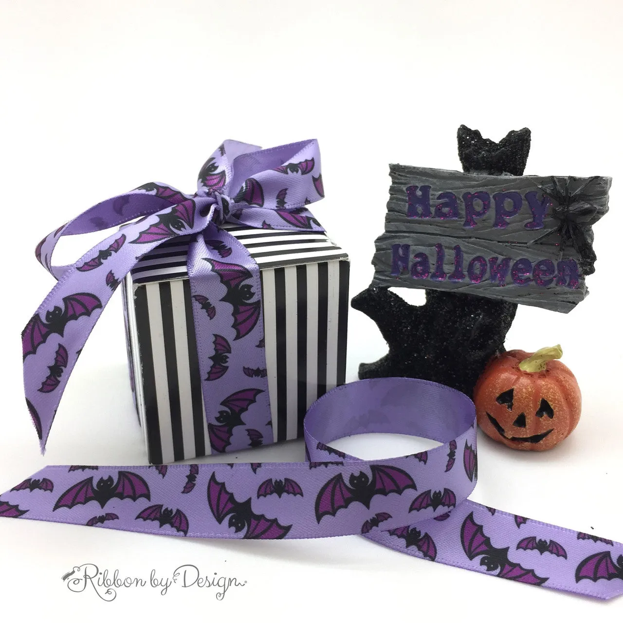 Black bat ribbon for Halloween black bats with hot pink wings printed on 5/8" light orchid or light pink satin