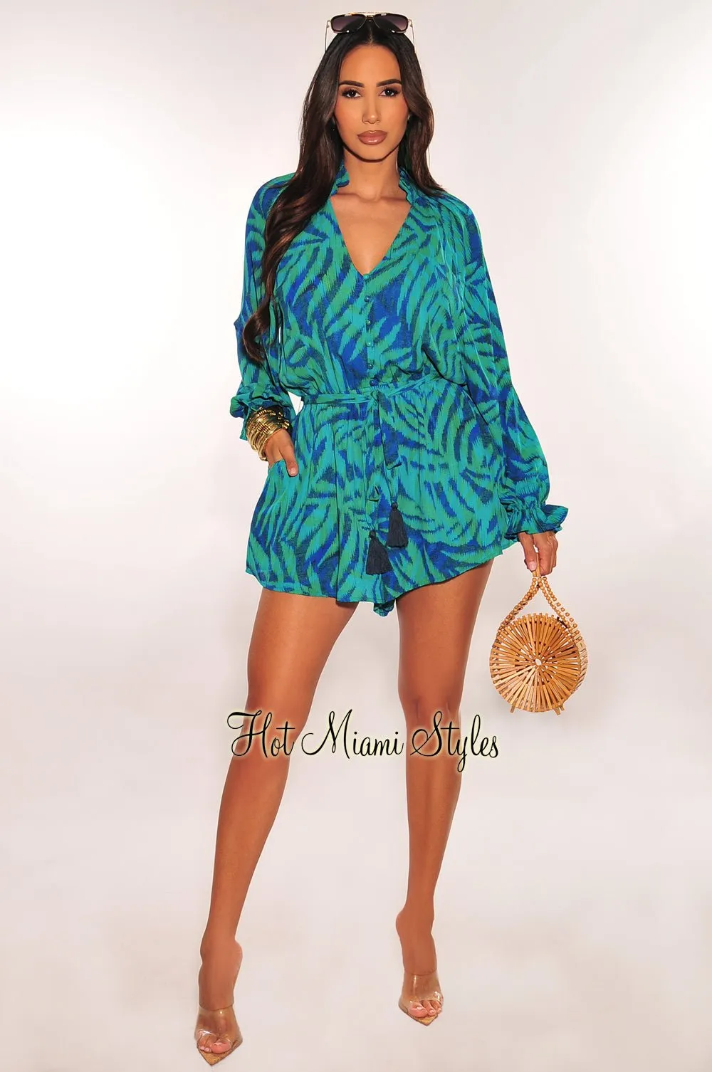 Blue Green Palm Print Long Sleeve Button Up V Neck Belted Romper