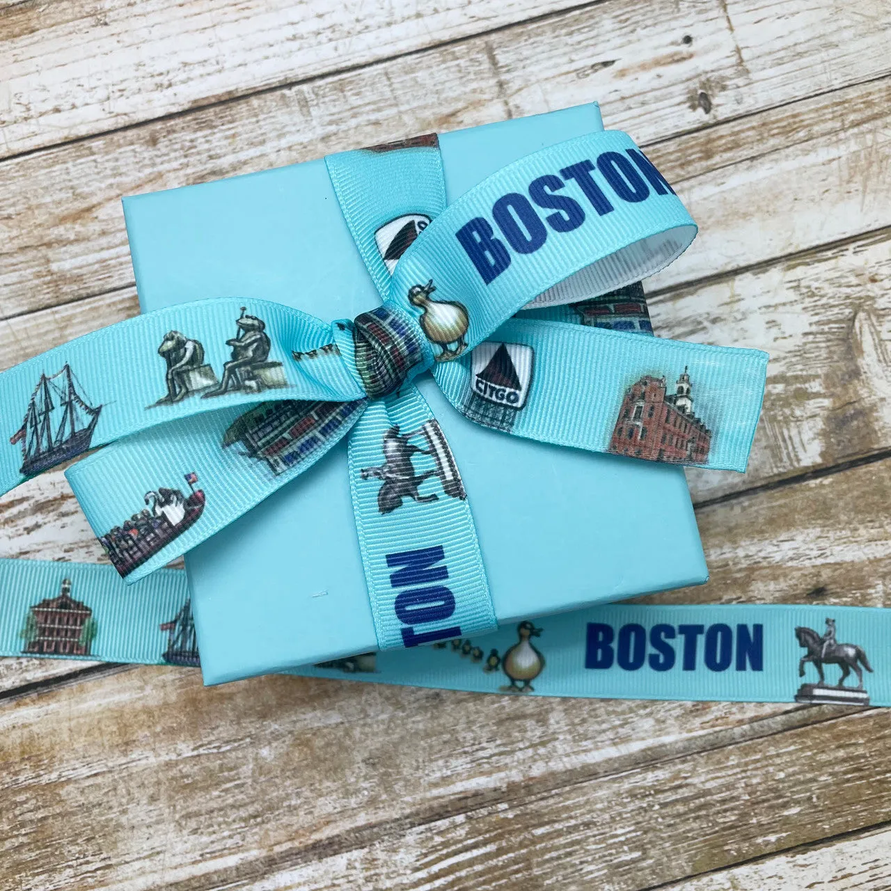 Boston Ribbon city landmarks printed on 7/8" white grosgrain