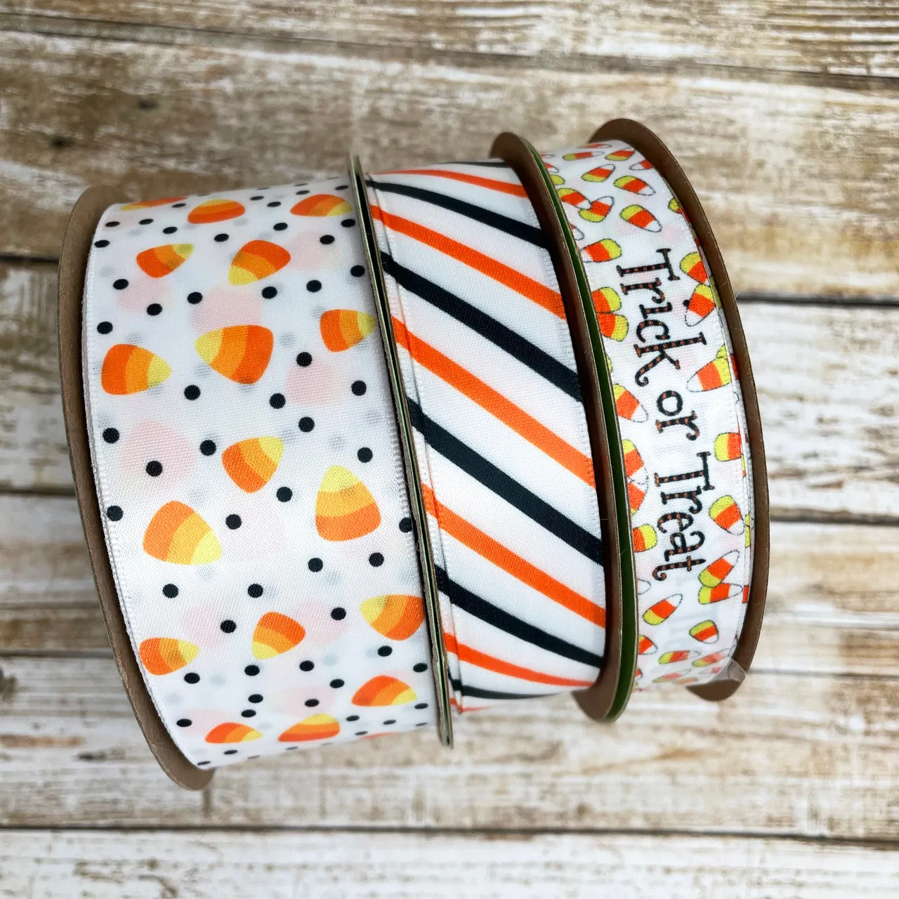 Candy Corn ribbon with polka dots ideal for Halloween  printed on 1.5" white satin