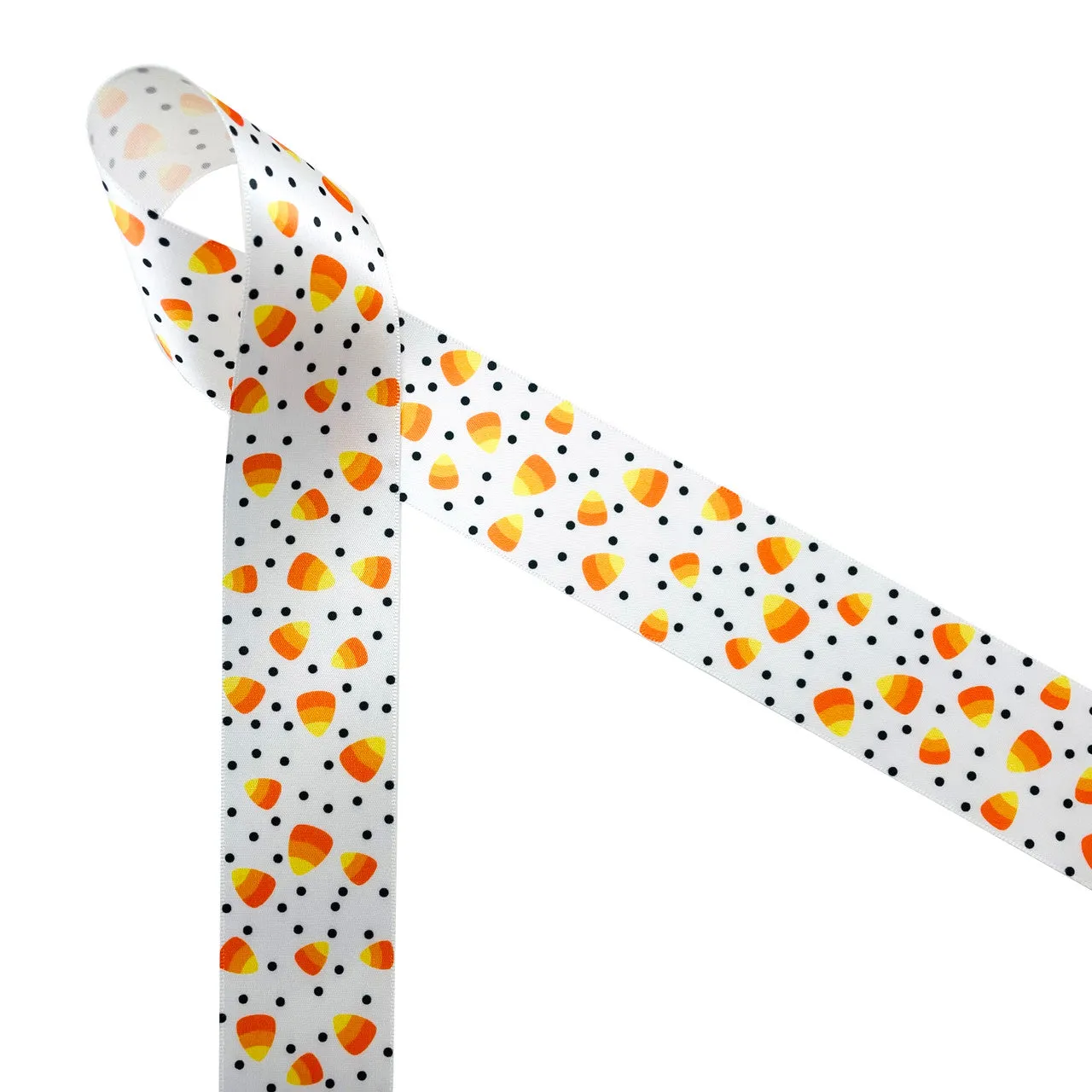 Candy Corn ribbon with polka dots ideal for Halloween  printed on 1.5" white satin