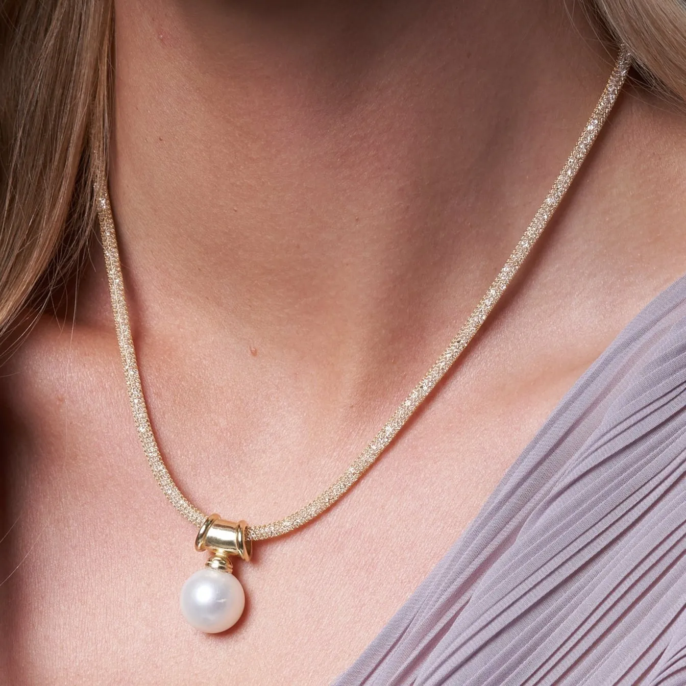 Credo large cultured freshwater pearl pendant on gold plated silver bale on gold mesh necklace