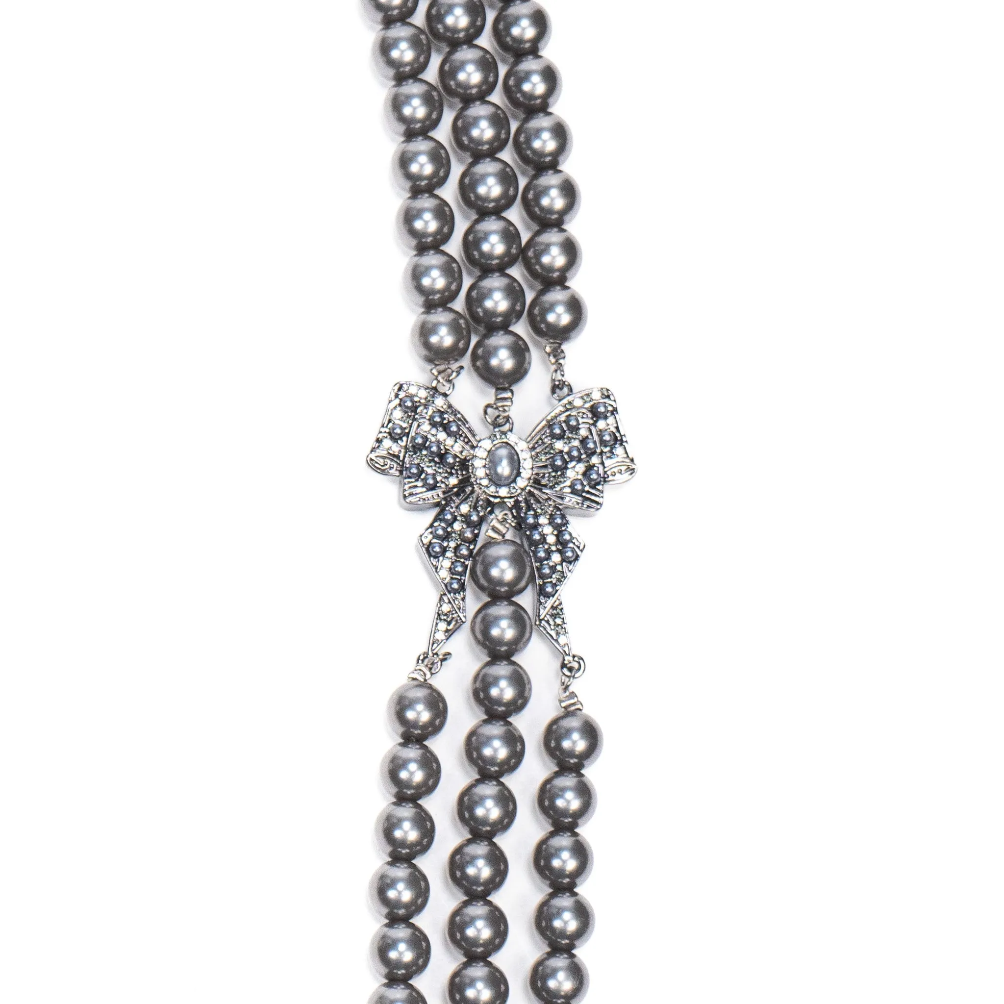 Diamonique Long Pearl Dress Chain - Gray Bow