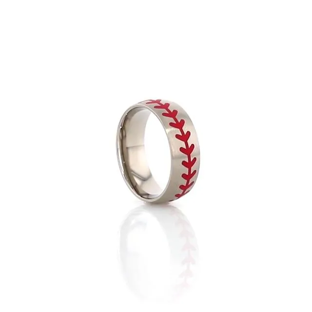 DIMAGGIO | Silver Titanium Ring, Red Baseball Stitching, Domed