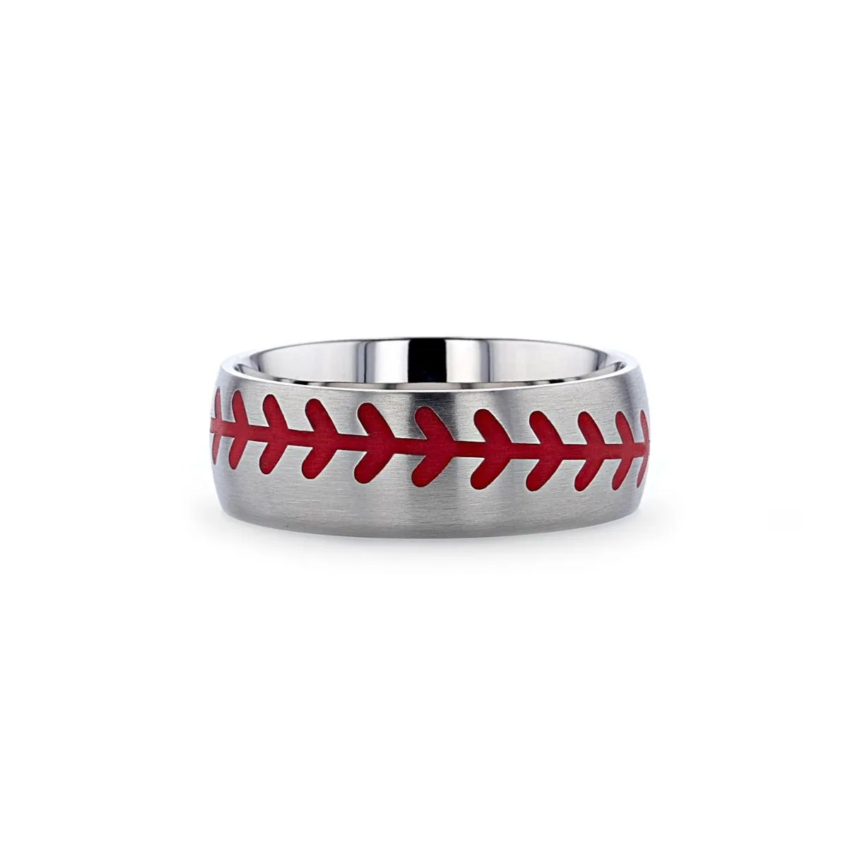 DIMAGGIO | Silver Titanium Ring, Red Baseball Stitching, Domed