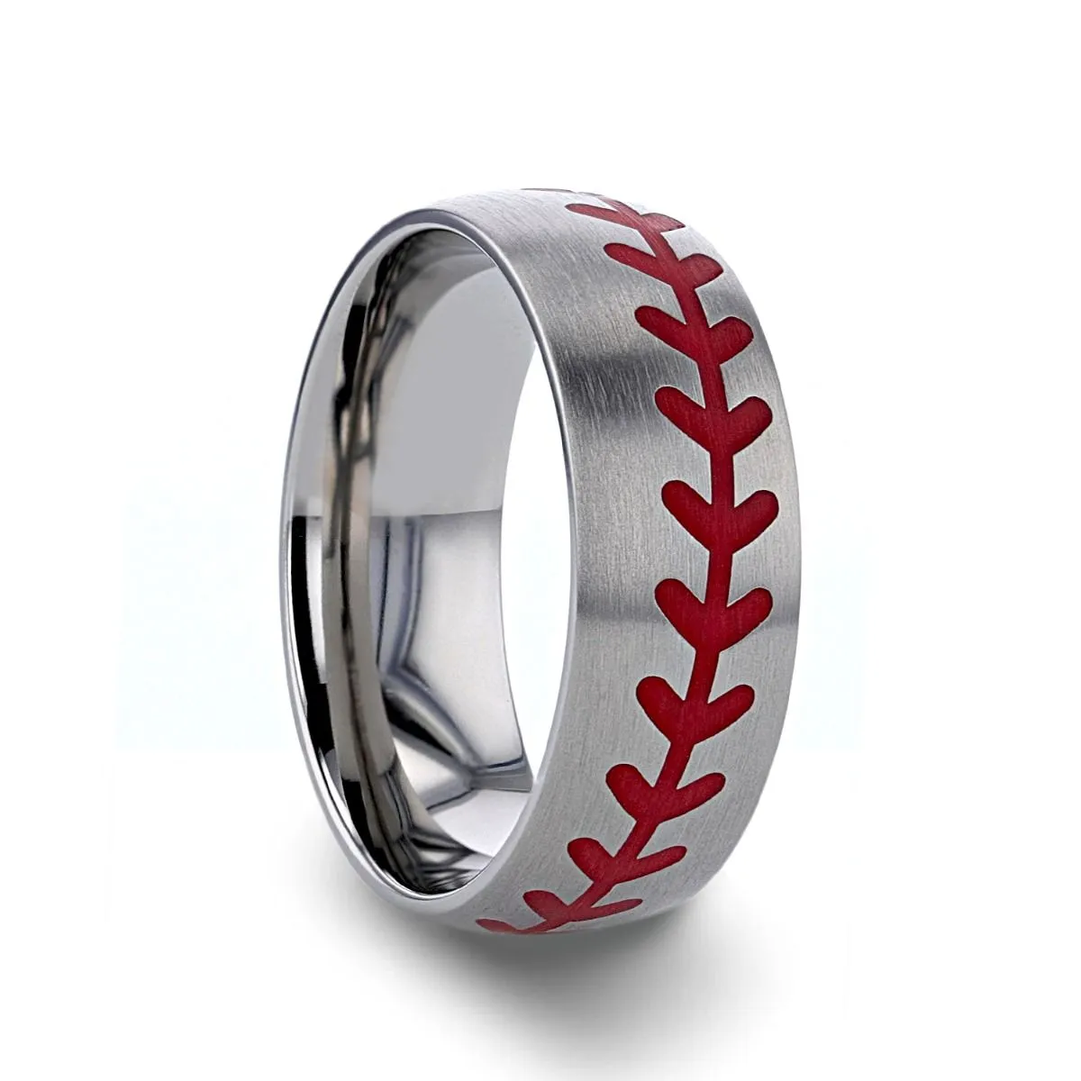 DIMAGGIO | Silver Titanium Ring, Red Baseball Stitching, Domed