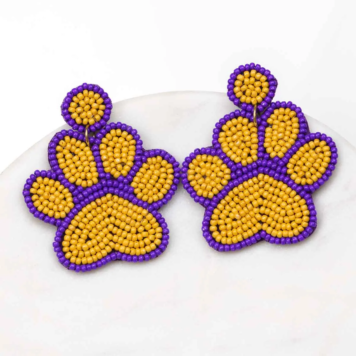 Earrings Paw Print Beaded Yellow & Purple