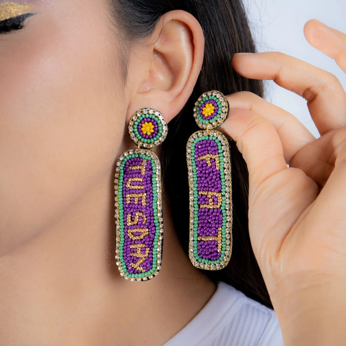 Fat Tuesday Hand-Beaded Earrings with Circular Top