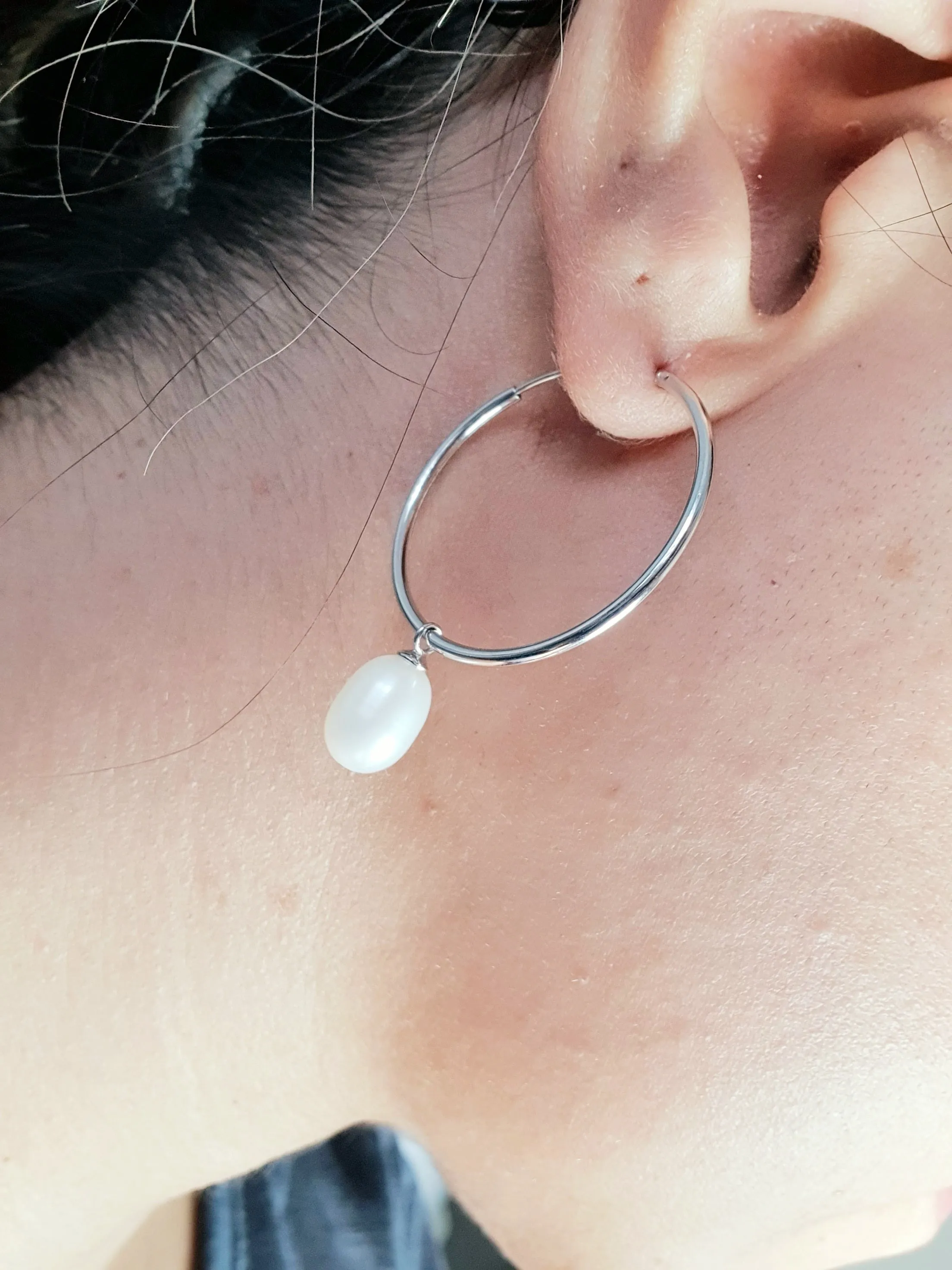 Freshwater Pearl Charm With Hoop Earring, Sterling Silver