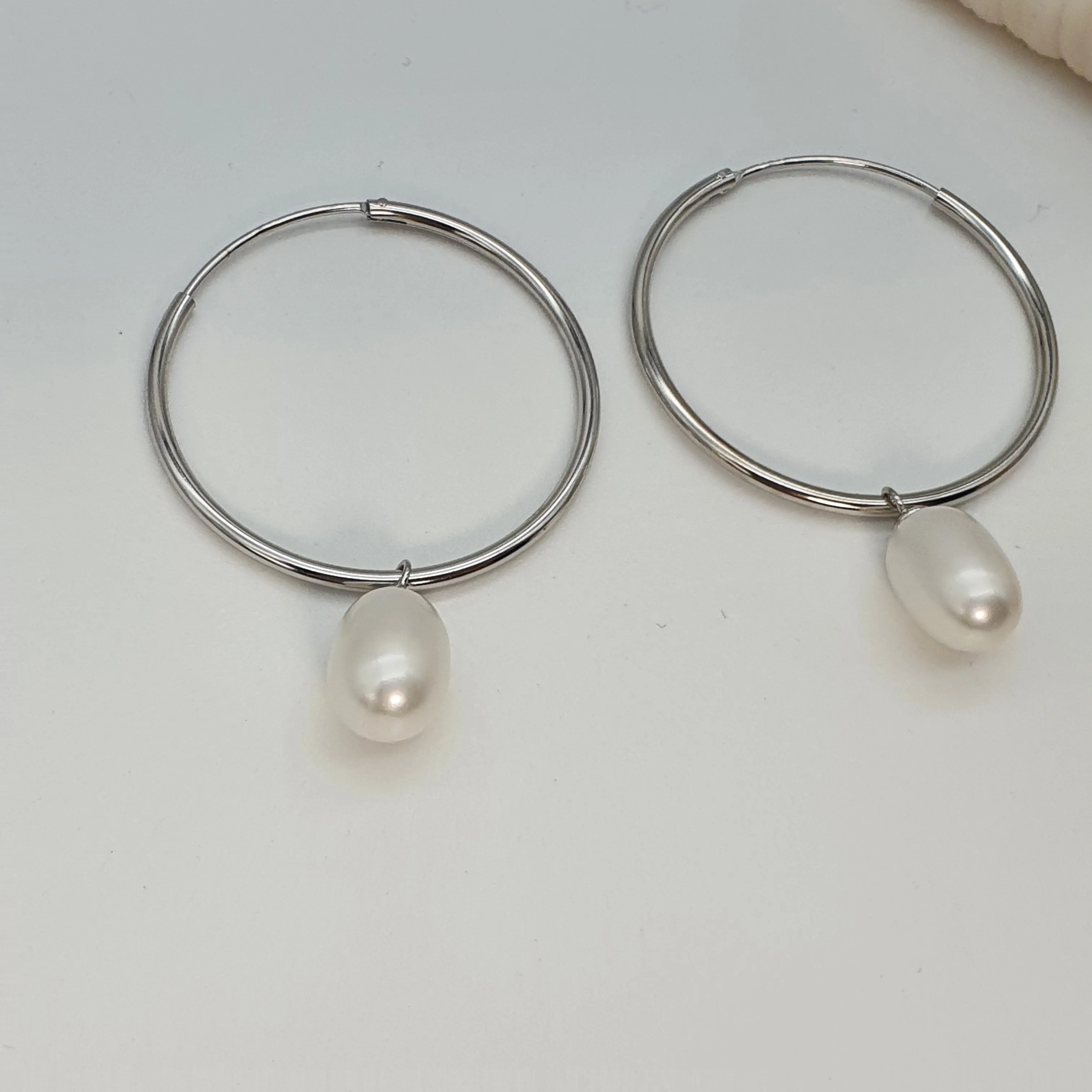 Freshwater Pearl Charm With Hoop Earring, Sterling Silver